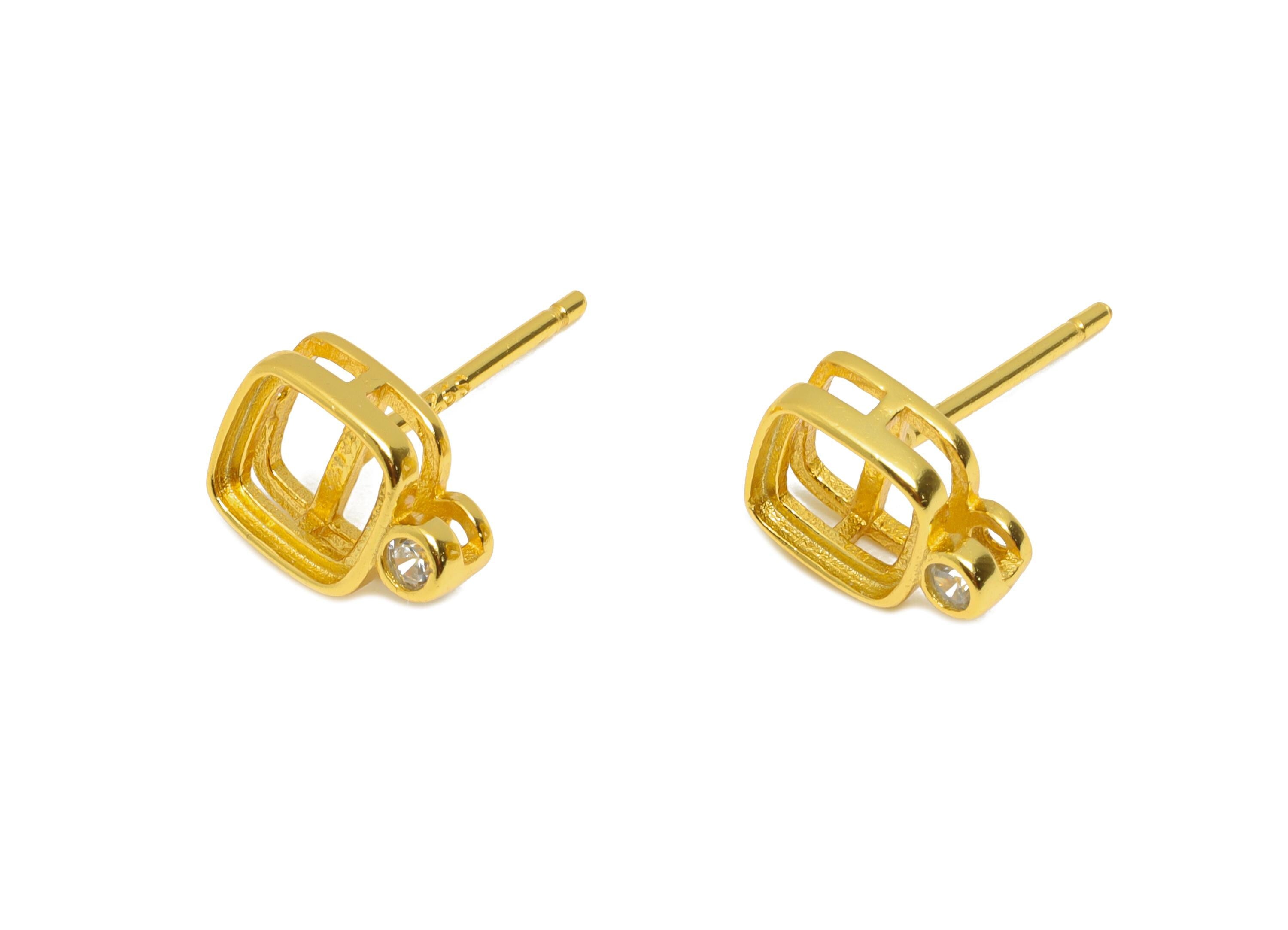 5*5mm Square Earring Setting Post - 925 Sterling Silver Stud with Zircon - Geometric Earring Post for Diamond - 18K Real Gold Plated -SI1055