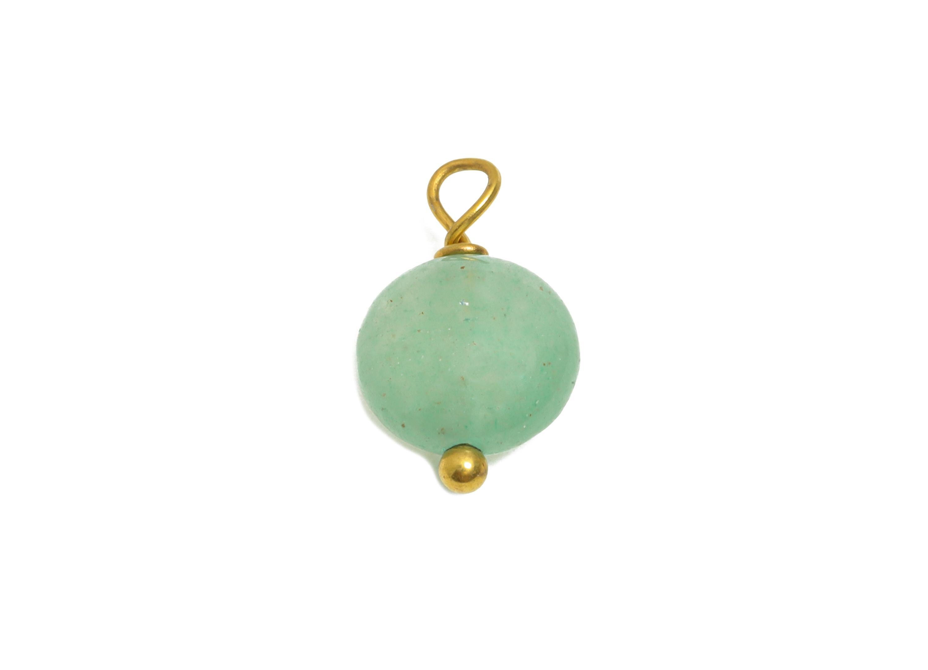 Green Aventurine Charm - Steel Natural Round Stone Bracelet Pendant - Healing Stone Jewelry - 18K Gold Vacuum Plated - 13.6x8.5x4.8mm-NS3027 - DOMEDBAZAAR