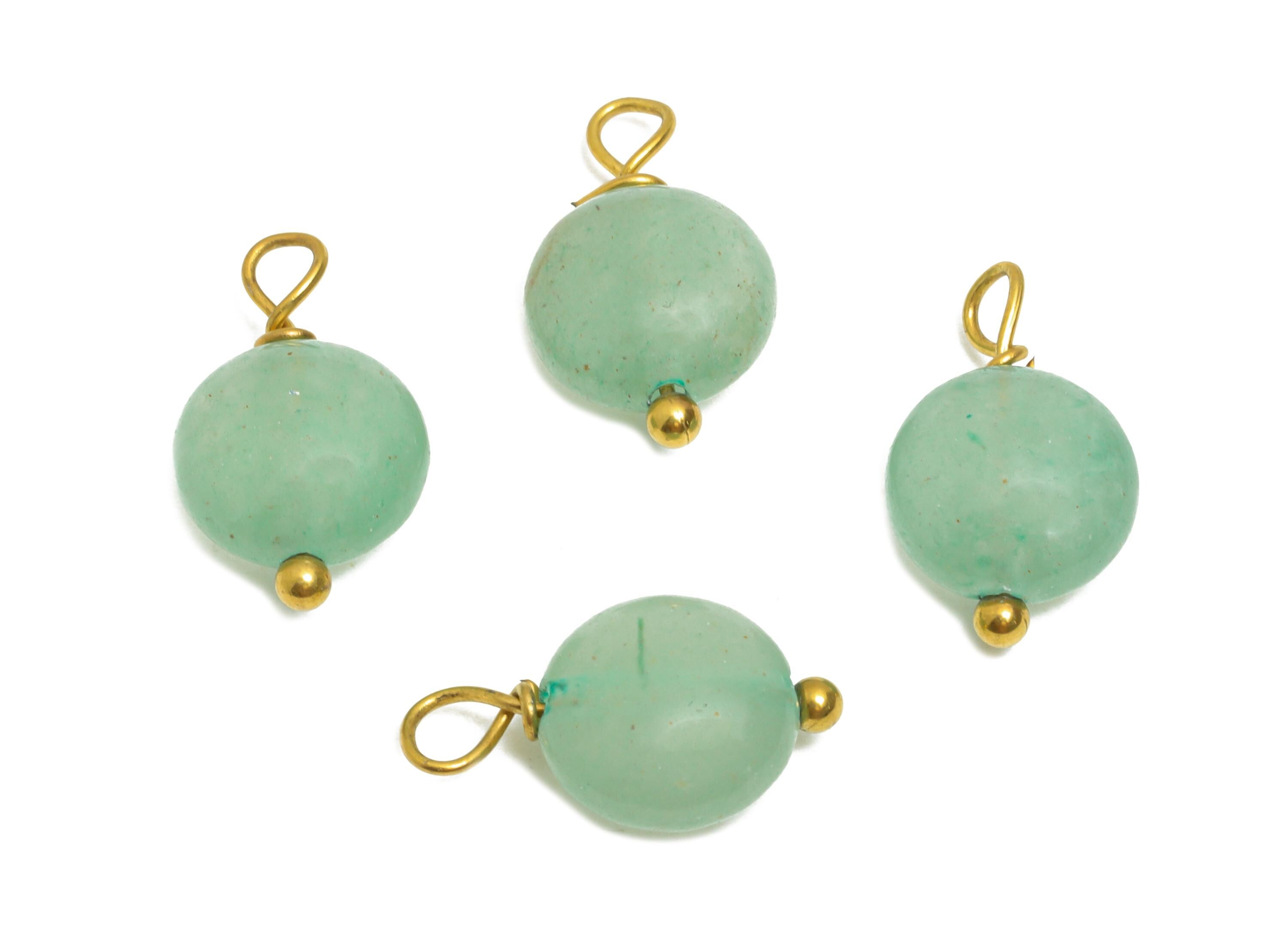 Green Aventurine Charm - Steel Natural Round Stone Bracelet Pendant - Healing Stone Jewelry - 18K Gold Vacuum Plated - 13.6x8.5x4.8mm-NS3027 - DOMEDBAZAAR
