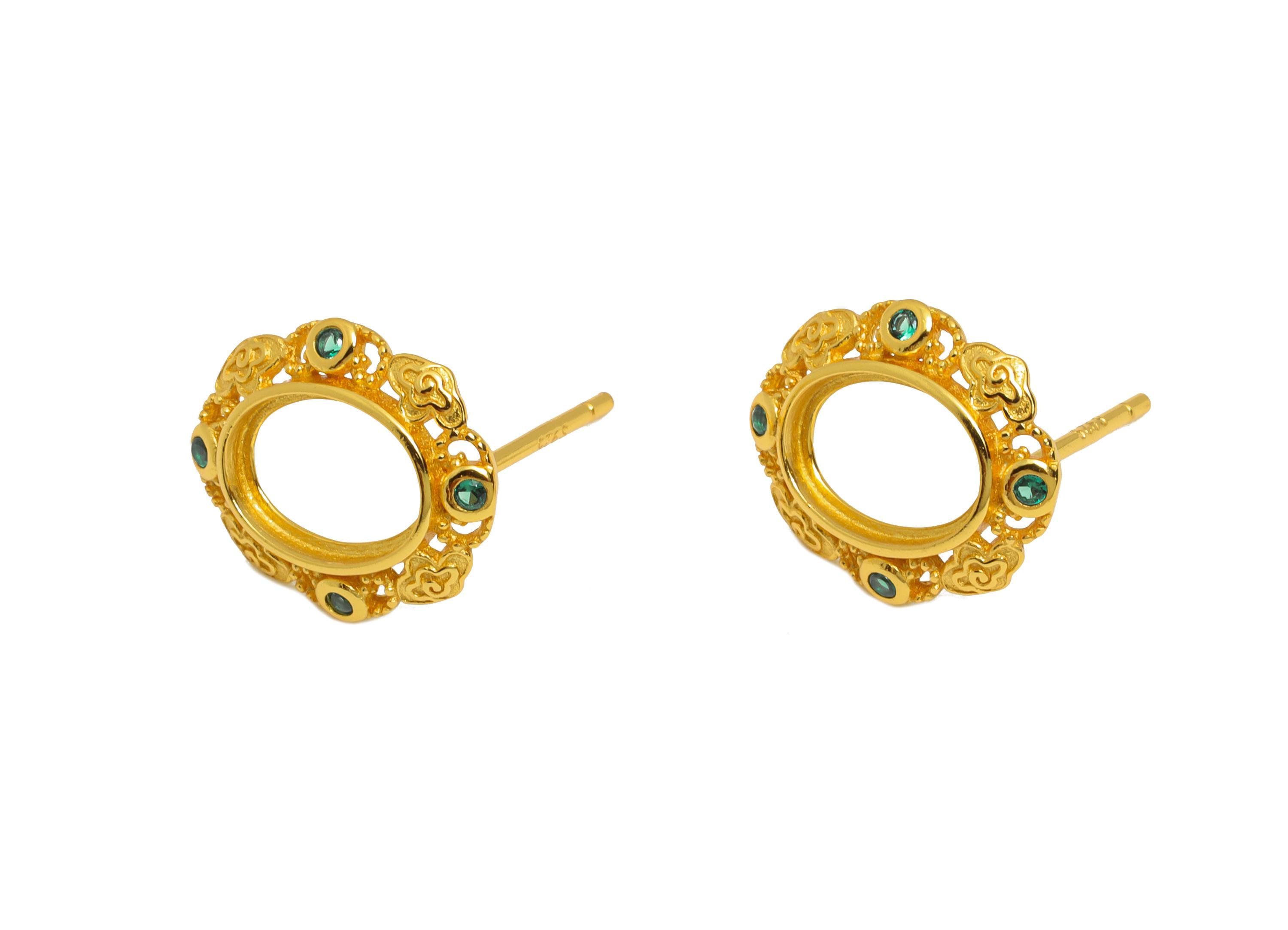 6*8mm Oval Earring Setting Post - 925 Sterling Silver Earring Stud - Vintage Geometric Earring Post for Diamond - 18K Gold Plated - SI1050 - DOMEDBAZAAR