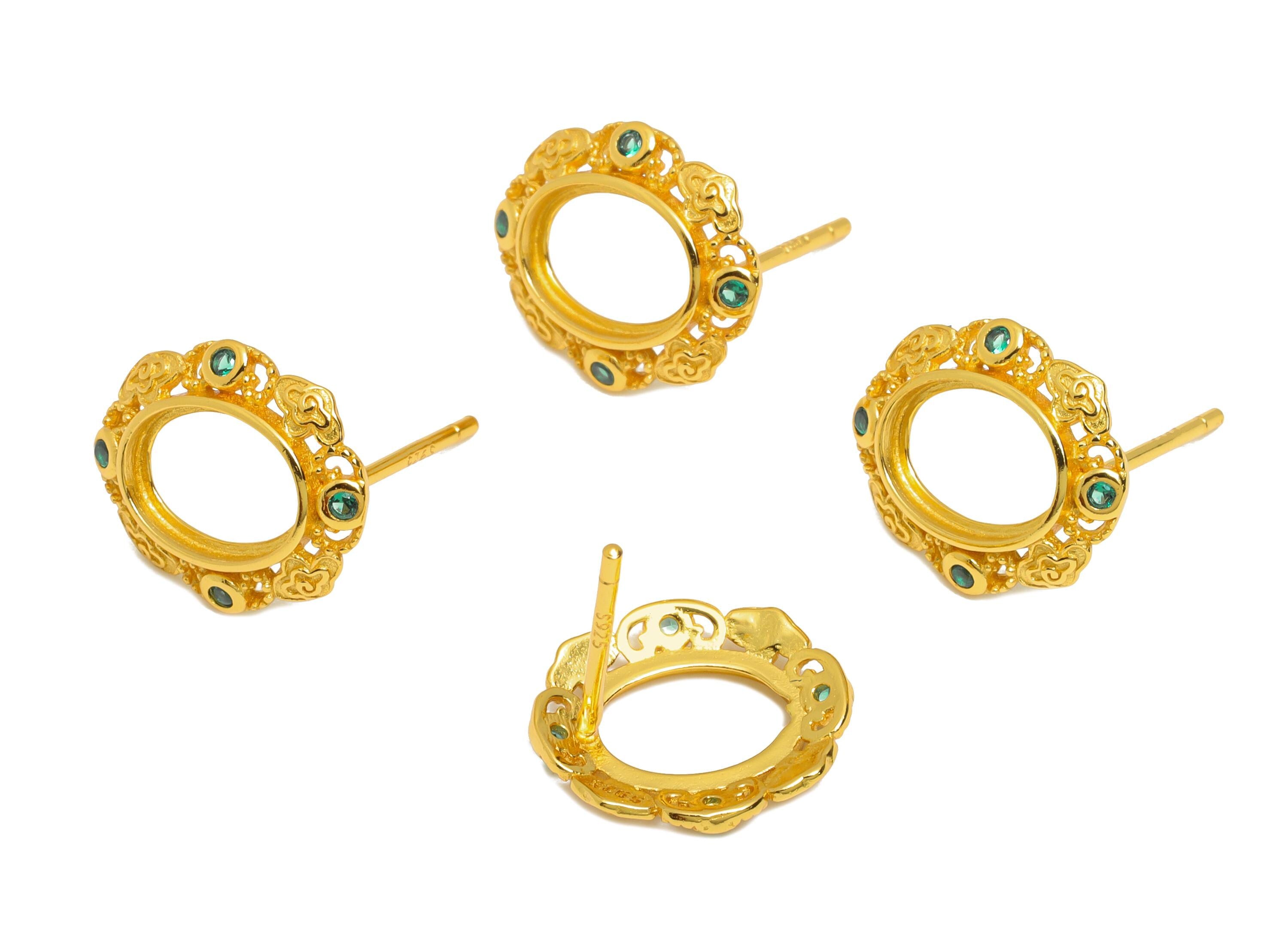 6*8mm Oval Earring Setting Post - 925 Sterling Silver Earring Stud - Vintage Geometric Earring Post for Diamond - 18K Gold Plated - SI1050 - DOMEDBAZAAR
