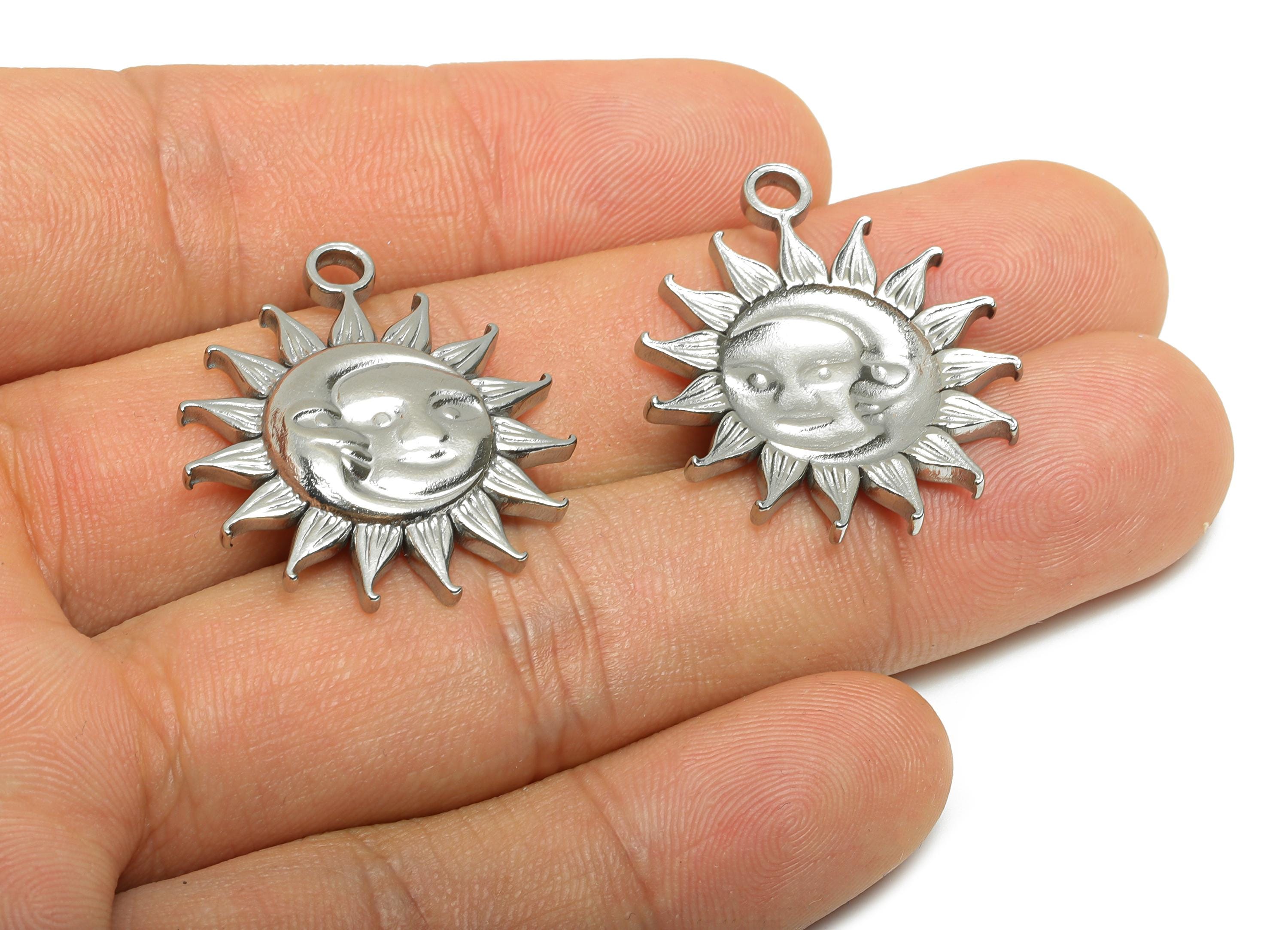 Steel Sun Moon Face Pendant - Radiant Sun Charm for Necklace - Vintage Solar Energy Symbol Charm - Steel Jewelry - 29.5x25.4x3.6mm - SS2354 - DOMEDBAZAAR