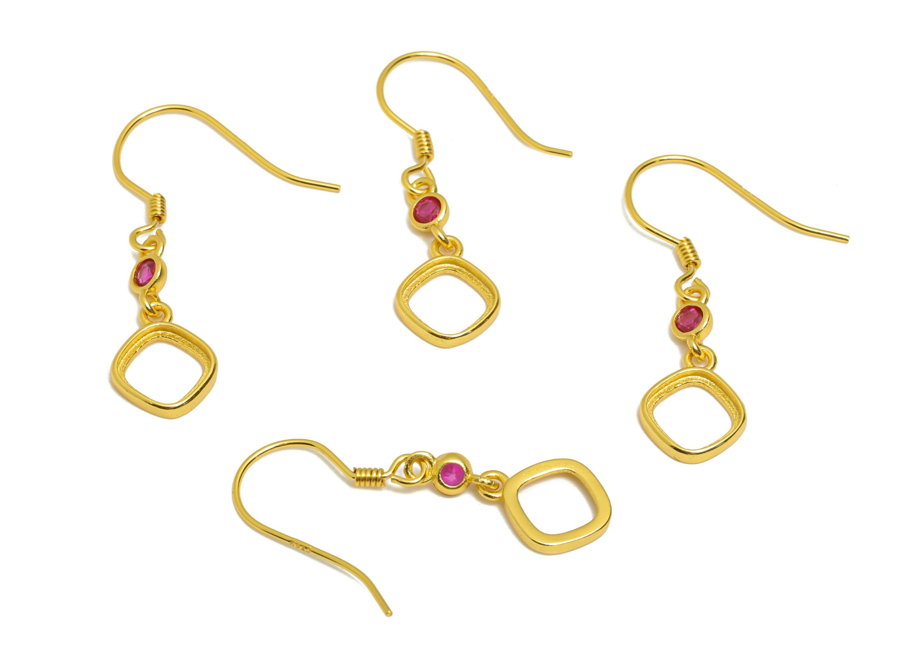 6mm Dangle Ear Hook Setting - 925 Sterling Silver with Zircon - Square Geometric Ear Hook for Gem - 18K Real Gold Plated - 28x8x1mm - SI1054 - DOMEDBAZAAR