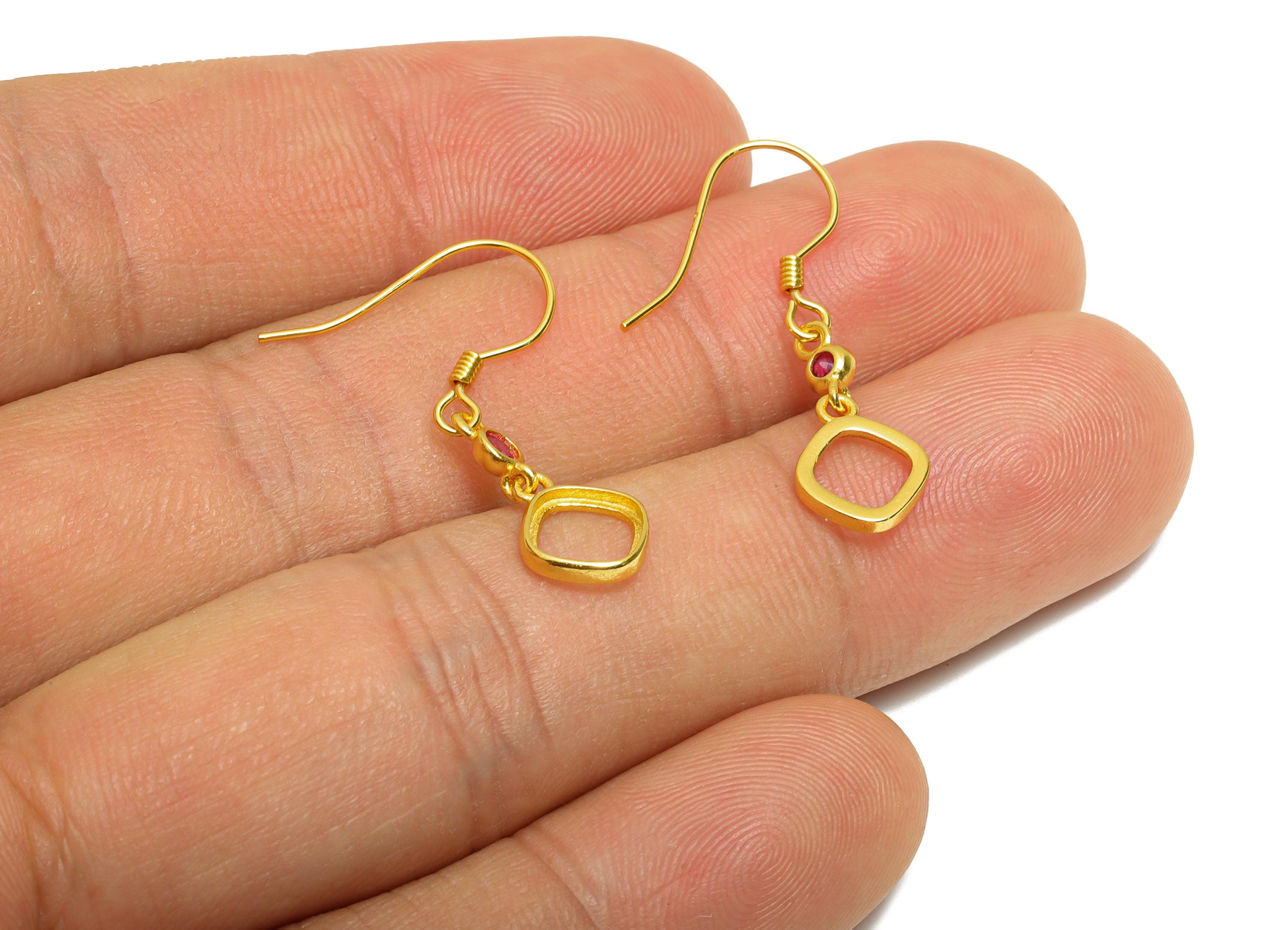 6mm Dangle Ear Hook Setting - 925 Sterling Silver with Zircon - Square Geometric Ear Hook for Gem - 18K Real Gold Plated - 28x8x1mm - SI1054 - DOMEDBAZAAR