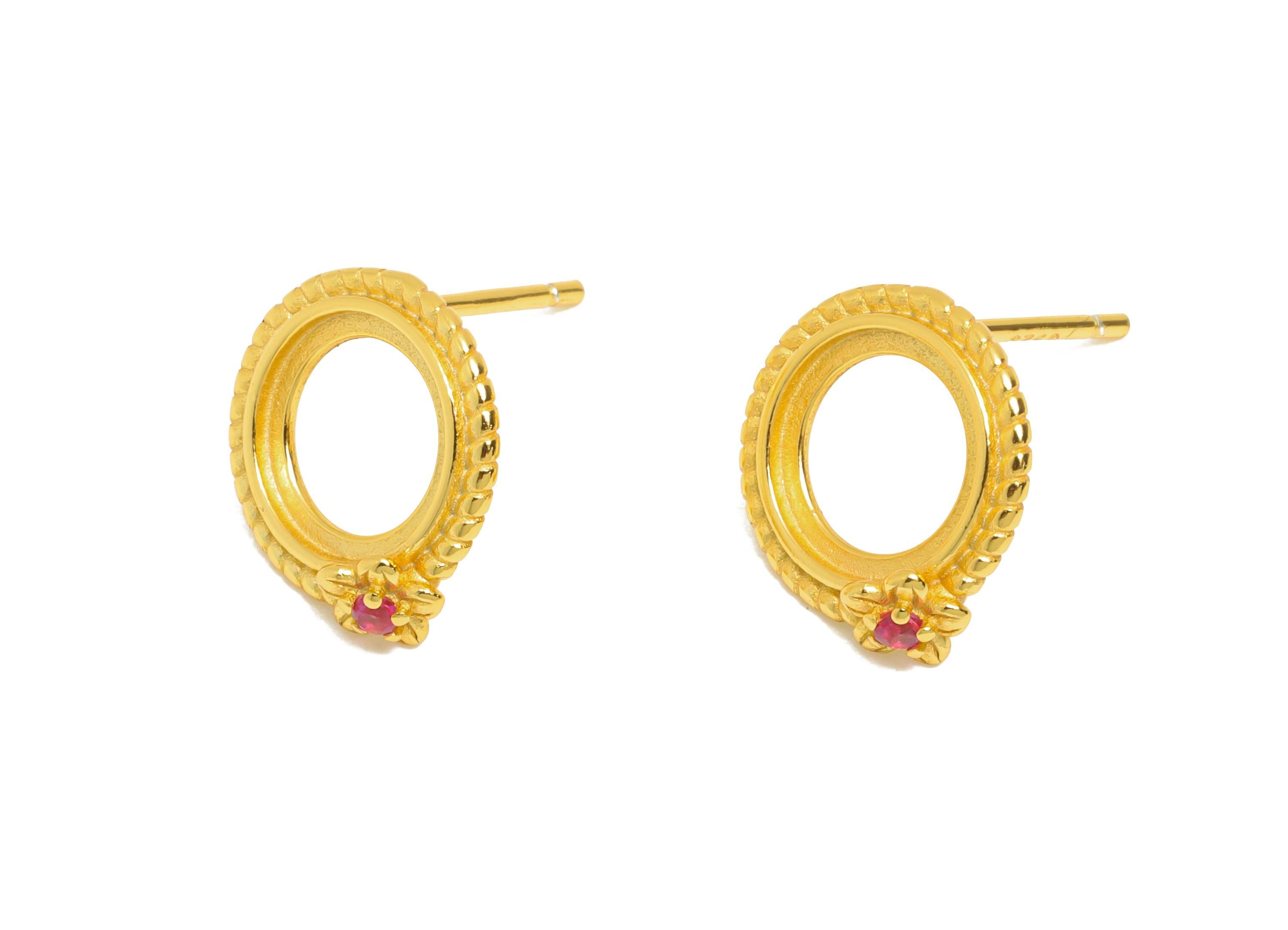 8mm Round Earring Setting - 925 Sterling Silver Post with Zircon - Vintage Cabochon Mount Earring for Gem - 18K Real Gold Plated - SI1061 - DOMEDBAZAAR