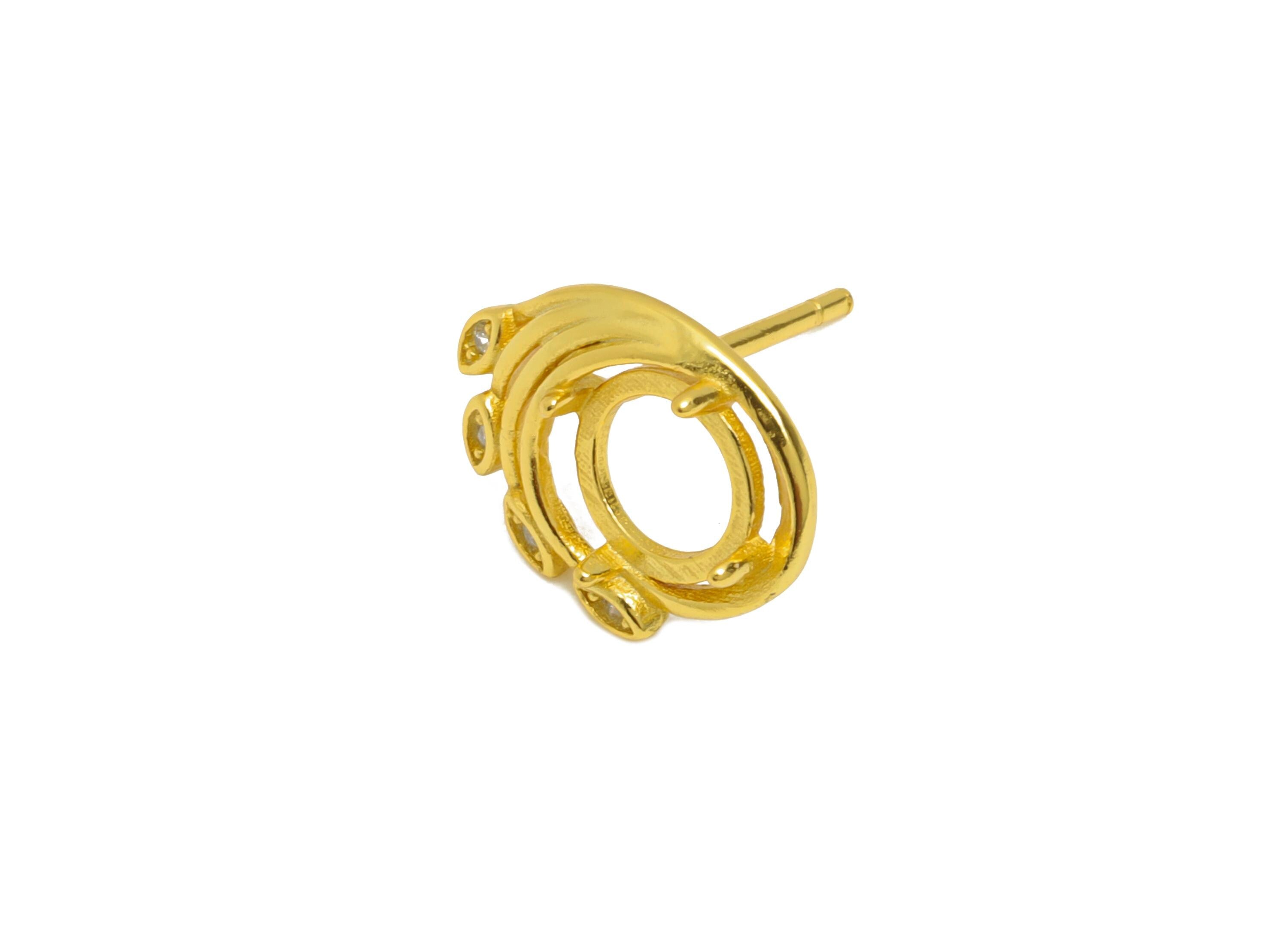 5mm Round Earring Setting - 925 Sterling Silver Swirl Post with Zircon - Cabochon Mount Earring - 18K Real Gold Plated - 12x10x2.8mm -SI1056 - DOMEDBAZAAR