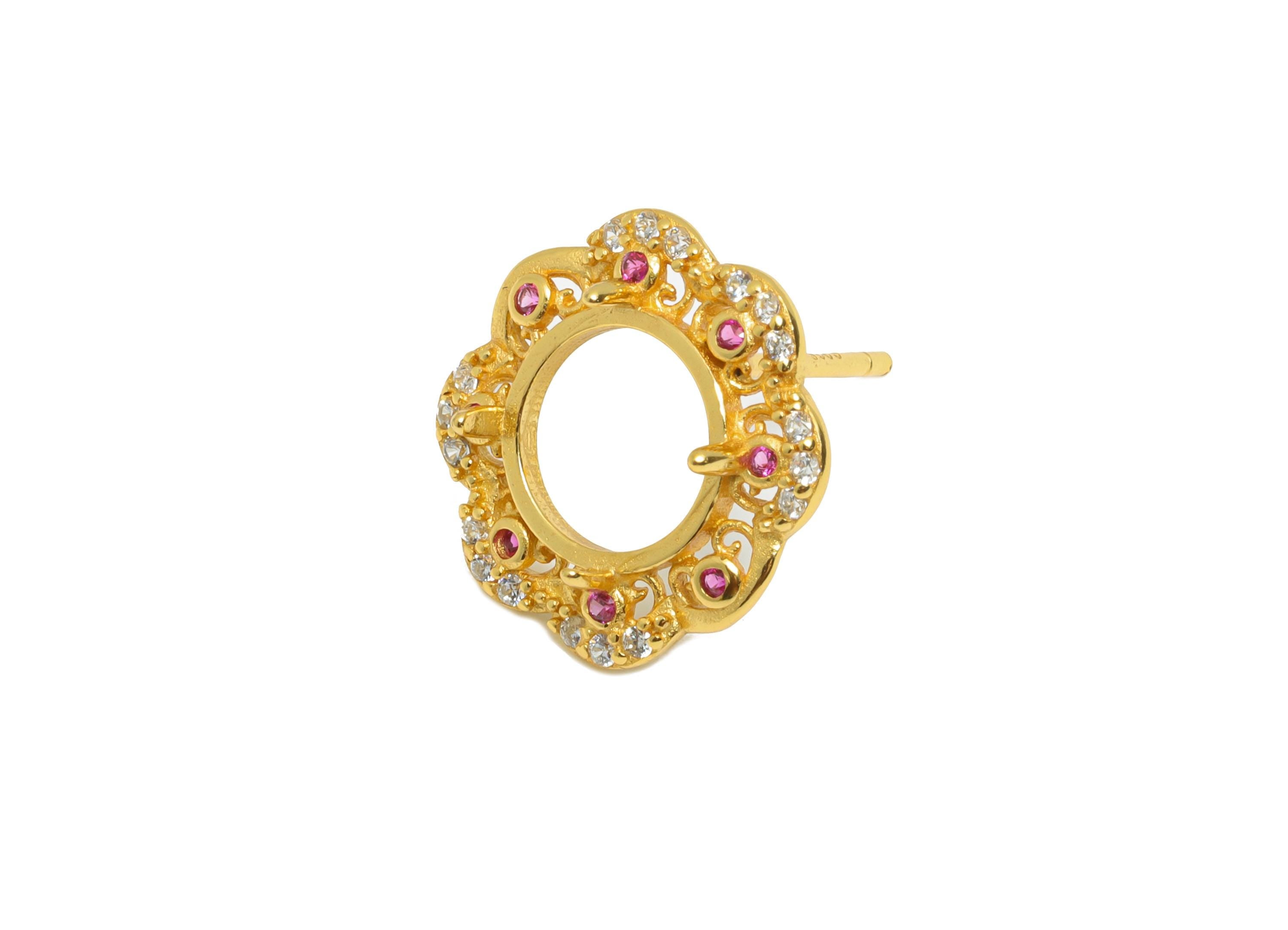 8mm Round Earring Setting - 925 Sterling Silver Flower Post with Zircon - Sparkling Stud Base - 18K Real Gold Plated - 14x14x3.8mm - SI1057 - DOMEDBAZAAR