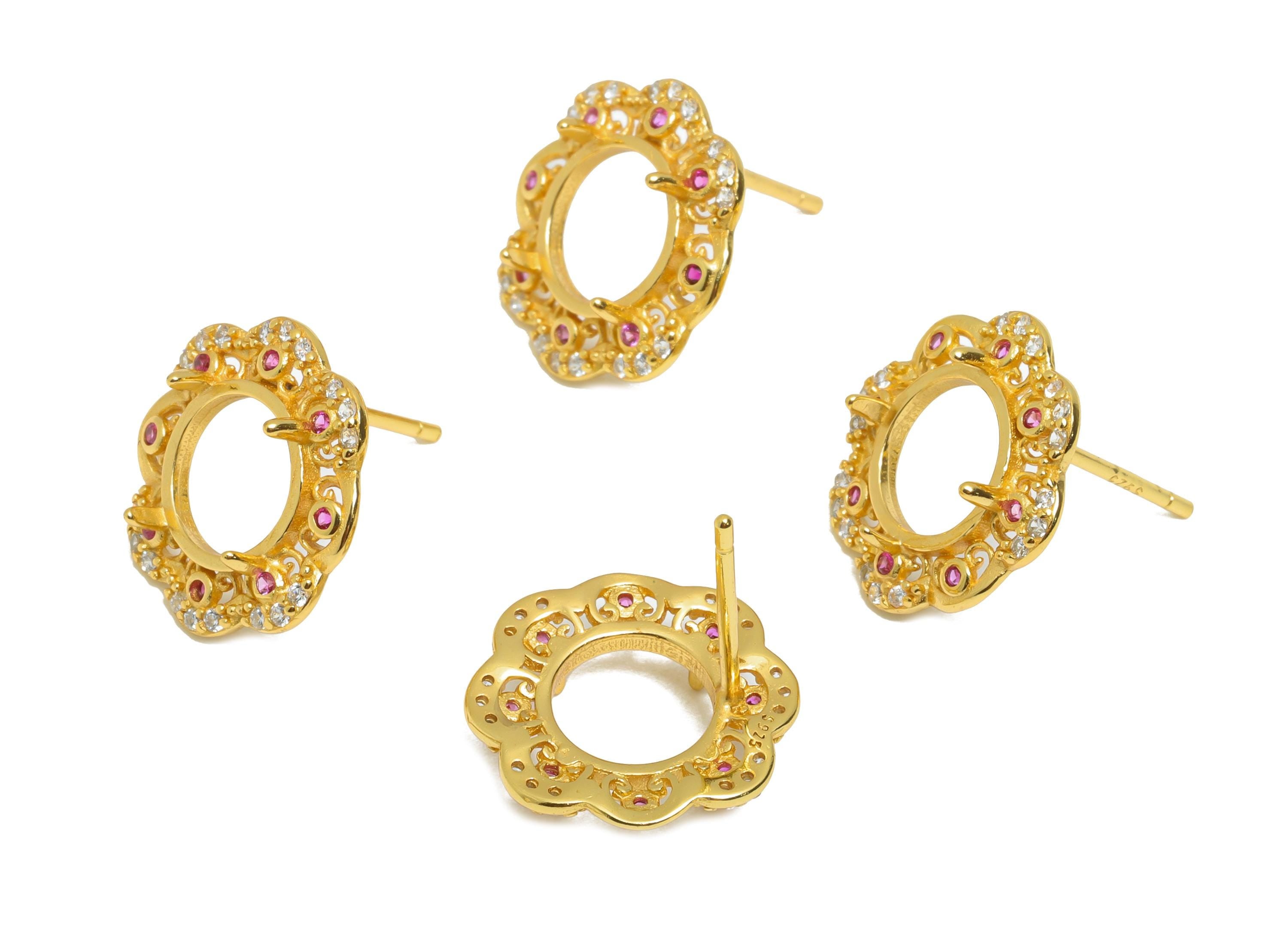 8mm Round Earring Setting - 925 Sterling Silver Flower Post with Zircon - Sparkling Stud Base - 18K Real Gold Plated - 14x14x3.8mm - SI1057 - DOMEDBAZAAR