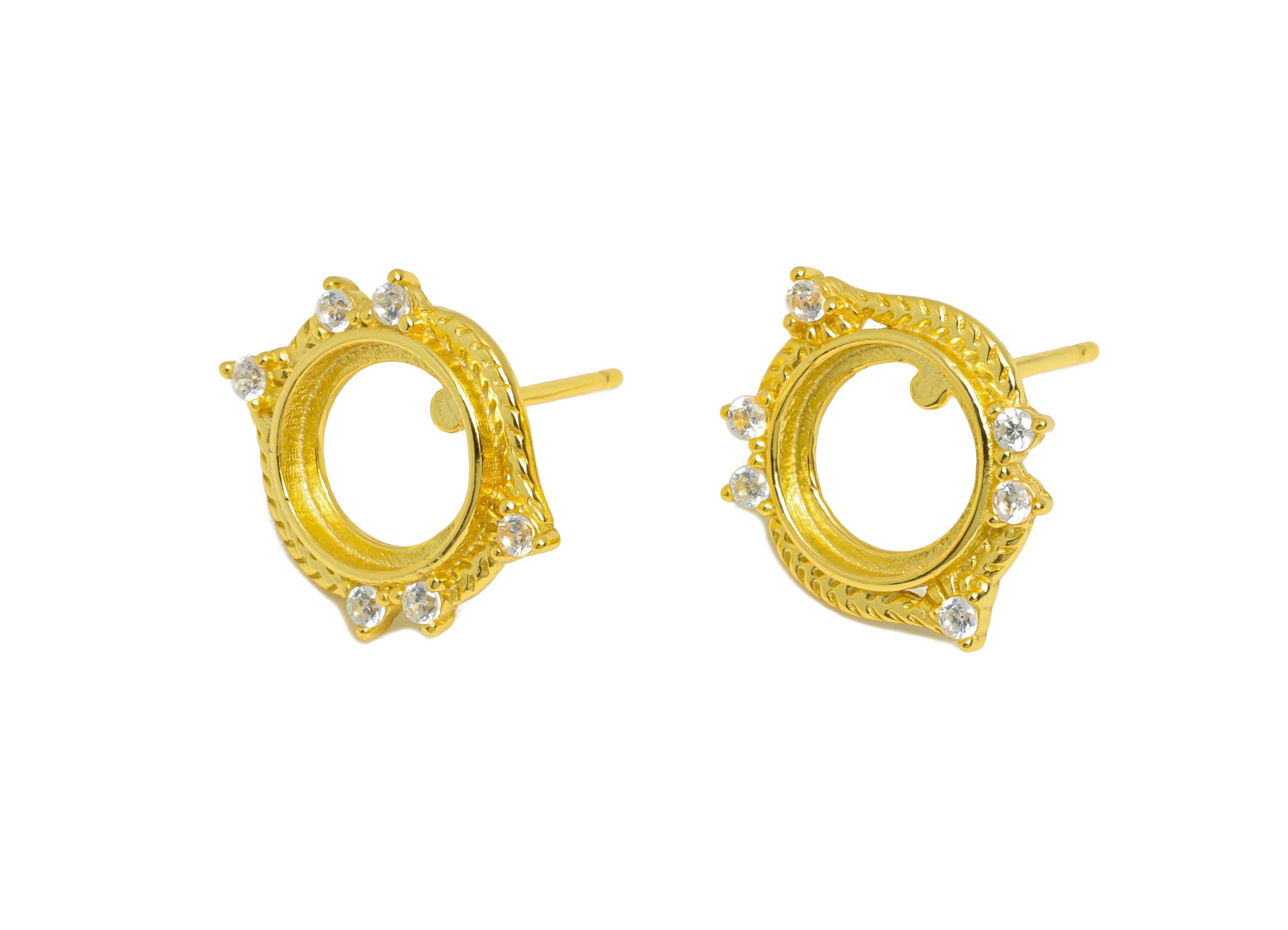 8mm Earring Setting Post - Cabochon Earring Setting - 925 Sterling Silver Zircon Earring Stud - DIY Earring - 18K Real Gold Plated - SI1085 - DOMEDBAZAAR