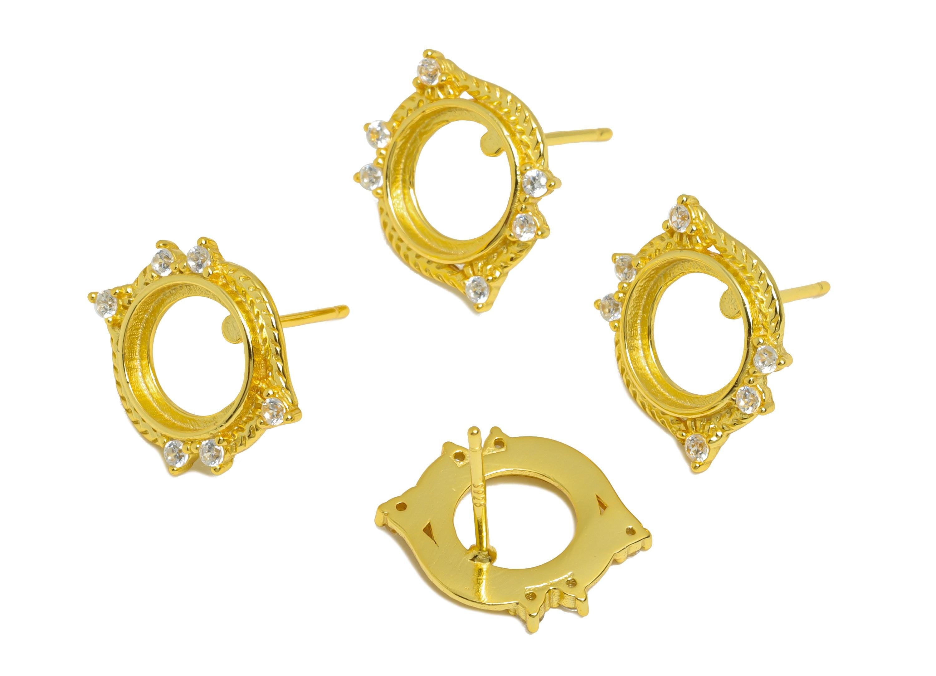 8mm Earring Setting Post - Cabochon Earring Setting - 925 Sterling Silver Zircon Earring Stud - DIY Earring - 18K Real Gold Plated - SI1085 - DOMEDBAZAAR