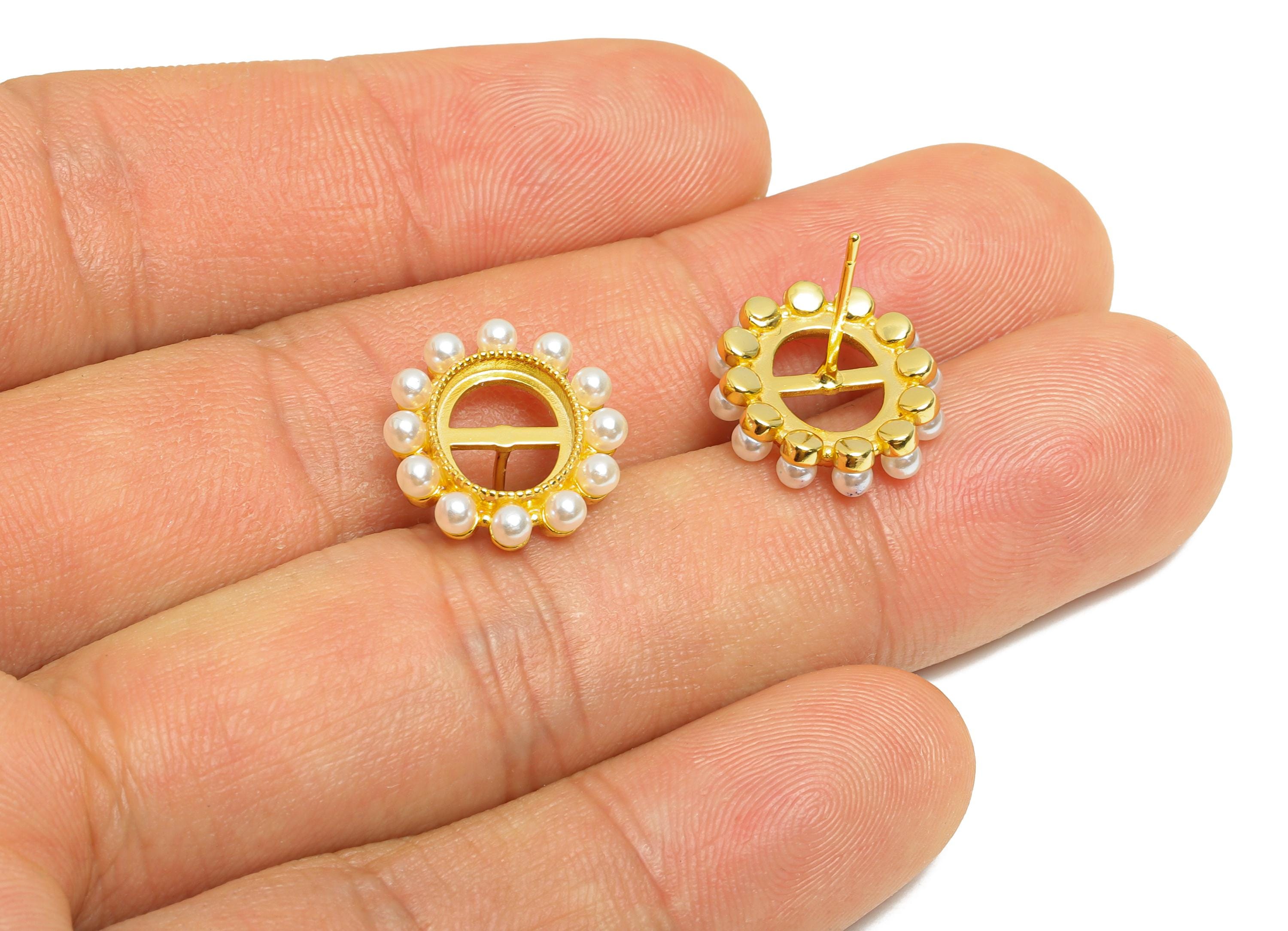 8*10mm Pearl Earring Setting Post - Classic 925 Sterling Silver Earring Stud Base - Cabochon Earring Setting - 18K Real Gold Plated - SI1091 - DOMEDBAZAAR