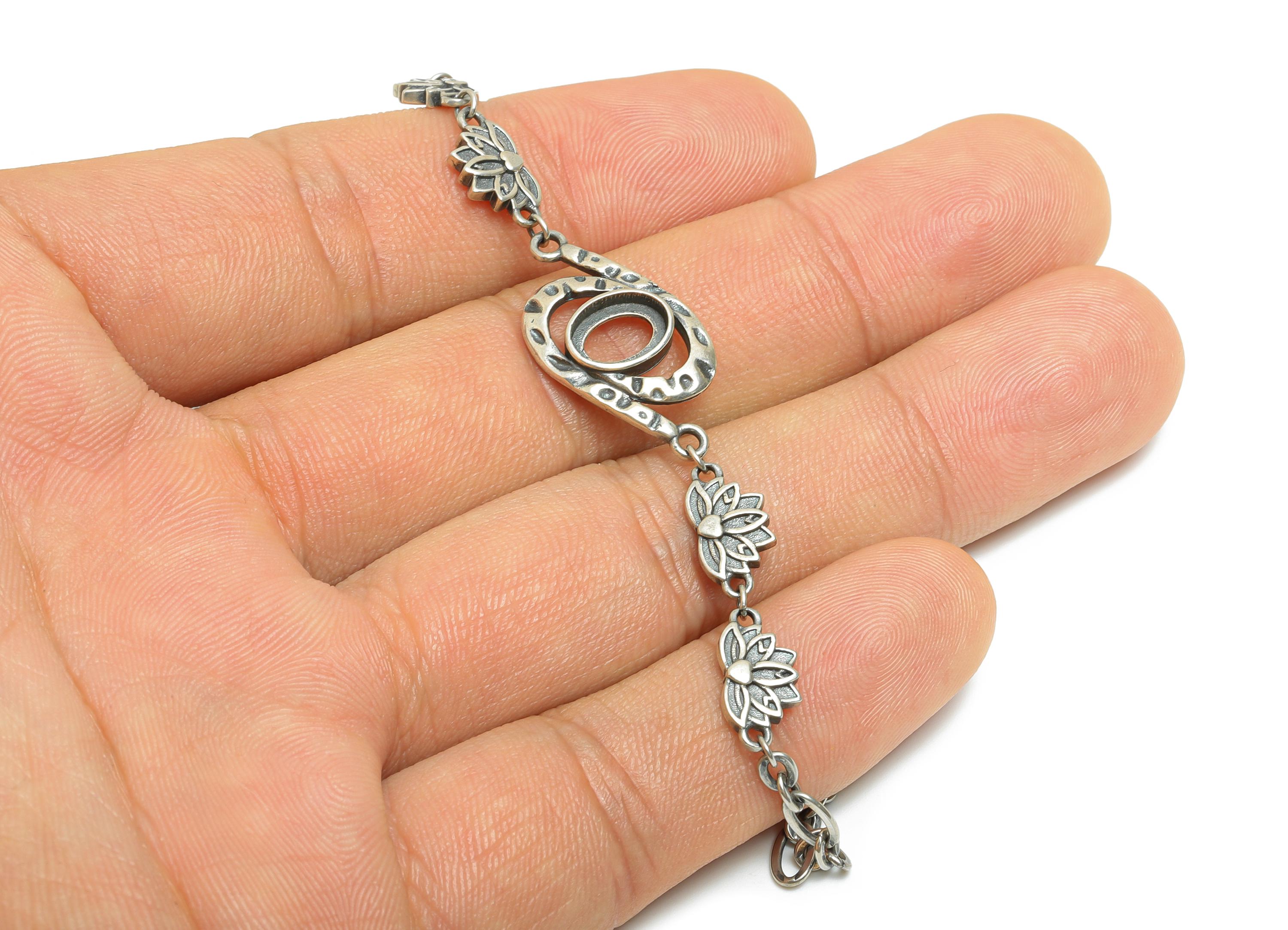 7*9mm Oval Cabochon Link Bracelet - 20+4cm Adjustable Lotus Chain Bracelet Setting - 925 Sterling Silver Rhodium Plating Bracelet - SI1027 - DOMEDBAZAAR