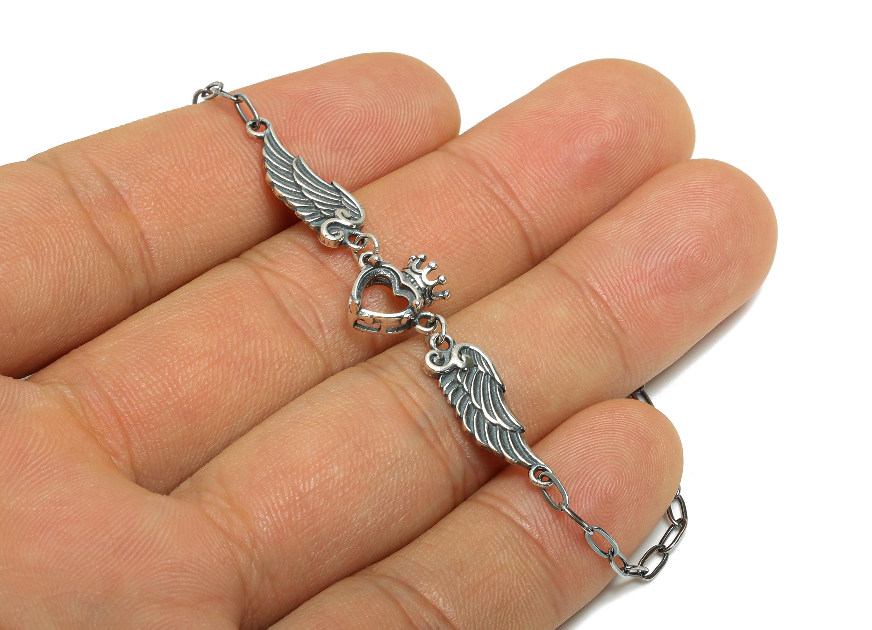 6mm Angel Wing Heart Bracelet Setting - 20+4cm Adjustable Heart Crowned Chain Bracelet - 925 Sterling Silver Rhodium Plating Bracelet-SI1028 - DOMEDBAZAAR