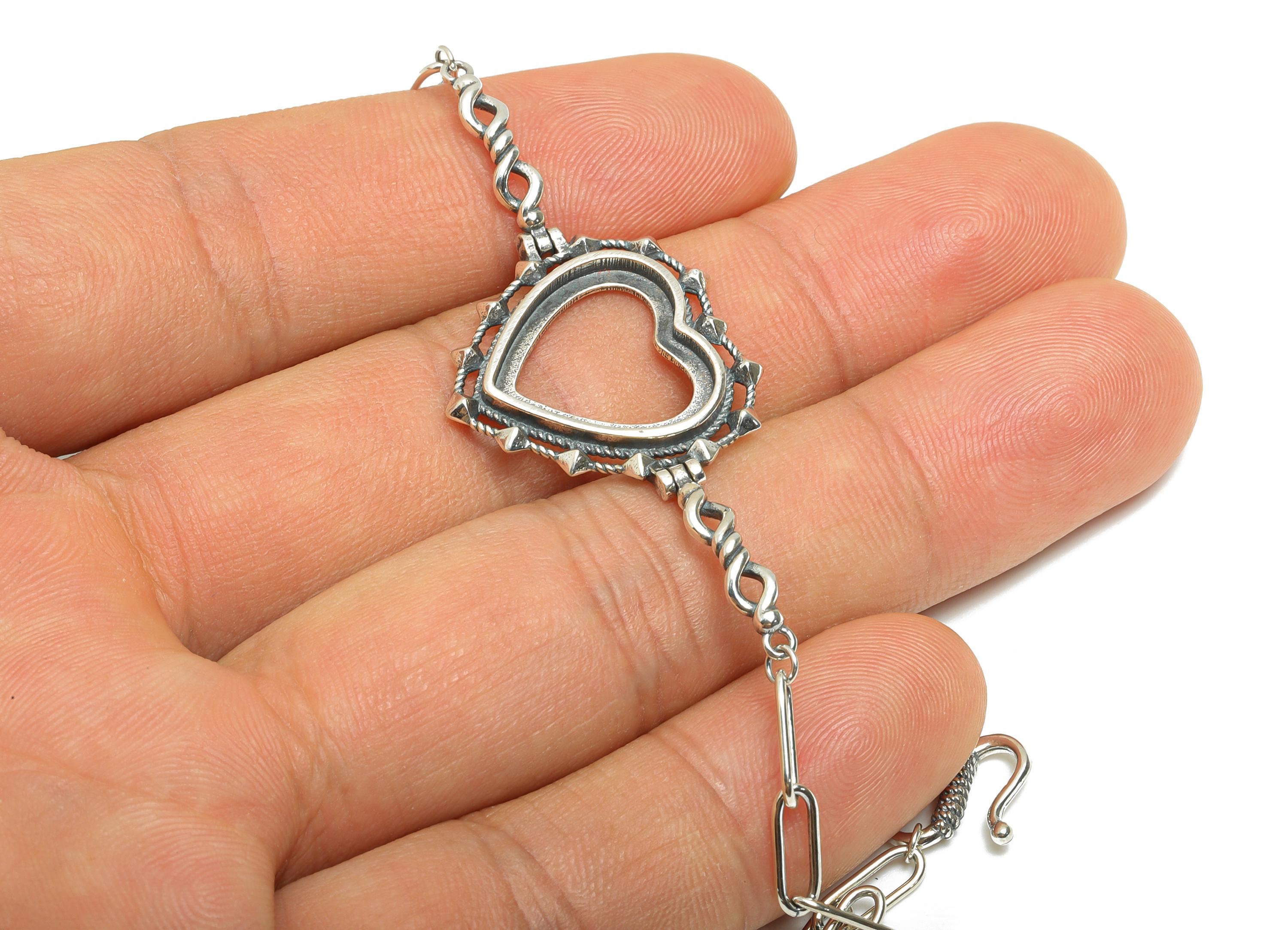 16mm Heart Cabochon Link Bracelet - 20+4cm Adjustable Chain Bracelet Setting - Vintage 925 Sterling Silver Rhodium Plating Bracelet - SI1038 - DOMEDBAZAAR