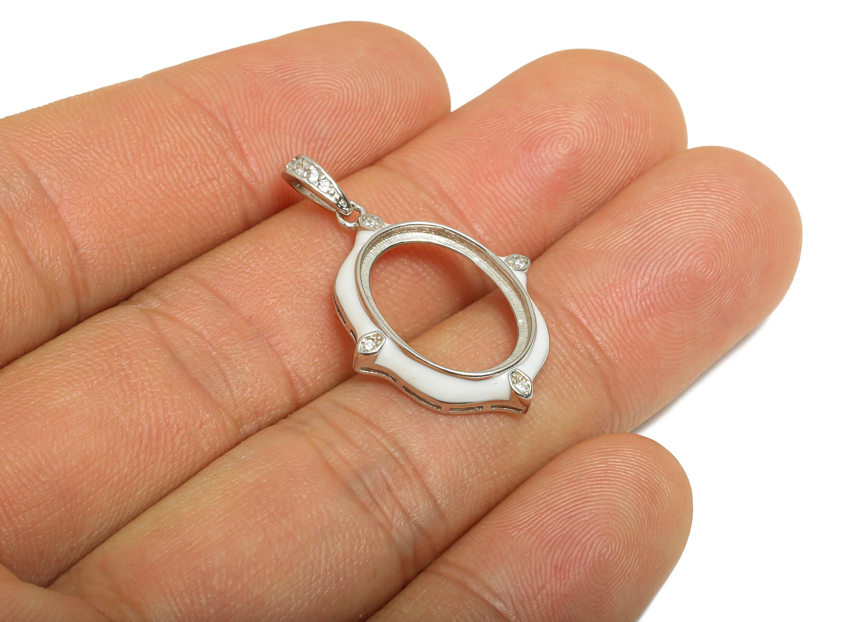 Enamel CZ Oval Pendant Setting - 12*15mm Cabochon Pendant Base - 925 Sterling Silver - Pendant With Bail -Customizable Zircon Pendant-SI1096 - DOMEDBAZAAR