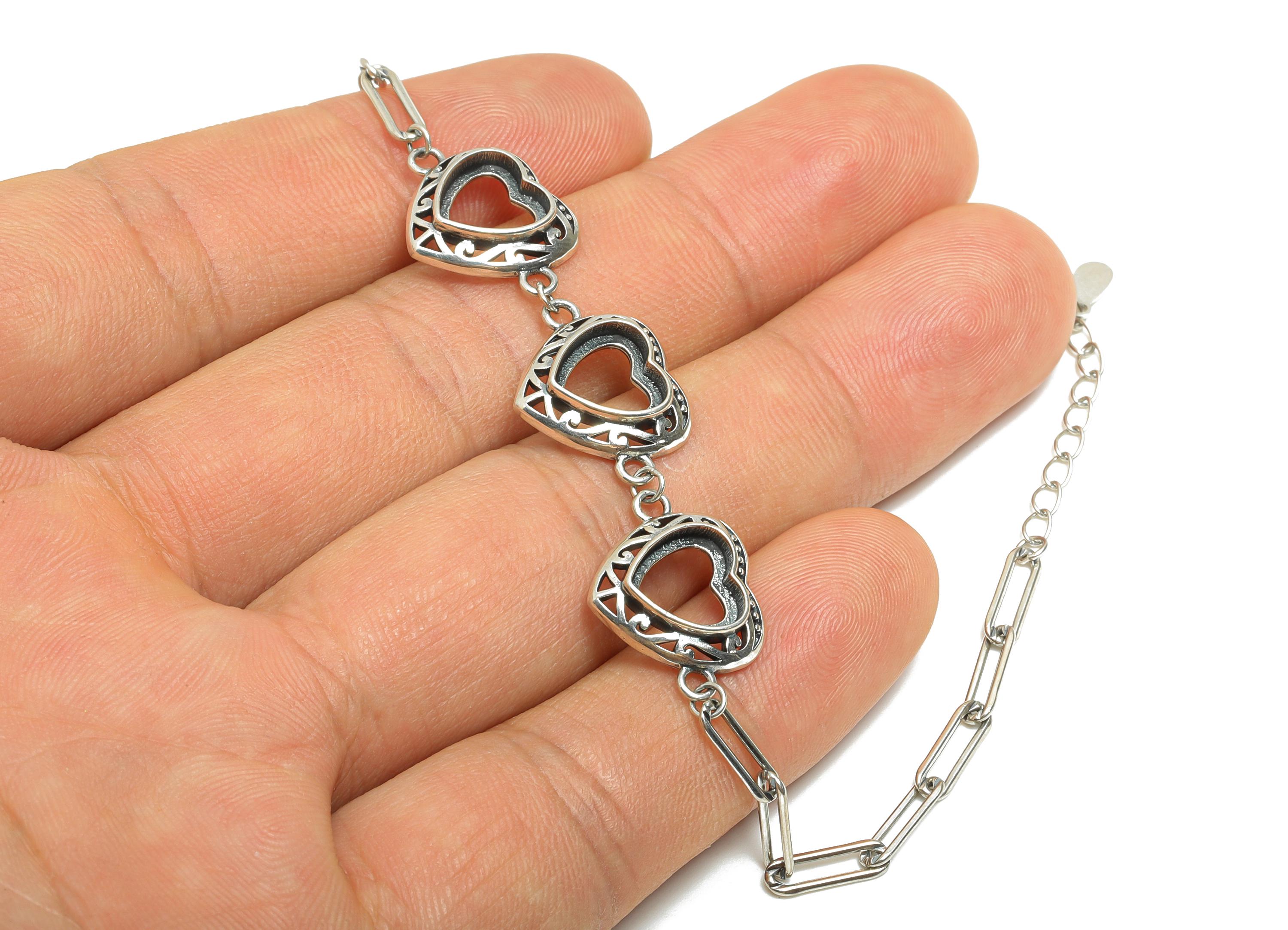 9mm Heart Bracelet Setting - 20+4cm Adjustable Boho Heart Chain Bracelet - 925 Sterling Silver - Dainty Rhodium Plating Bracelet - SI1033 - DOMEDBAZAAR
