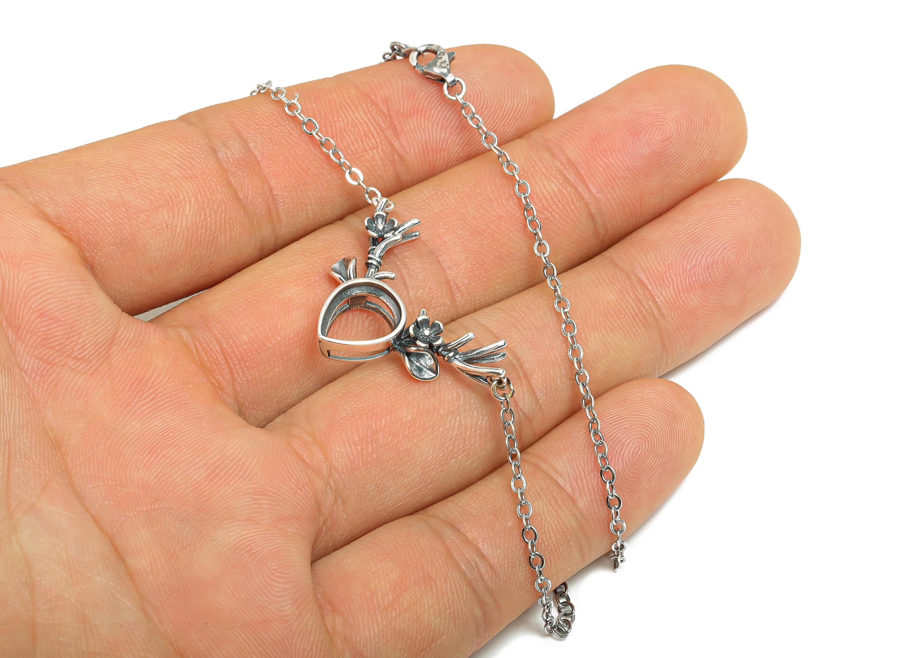 8*10mm Deer Cabochon Necklace Base - Floral Drop Necklace Setting - 925 Sterling Silver - DIY Cabochon Gem Necklace - Rhodium Plating-SI1079 - DOMEDBAZAAR