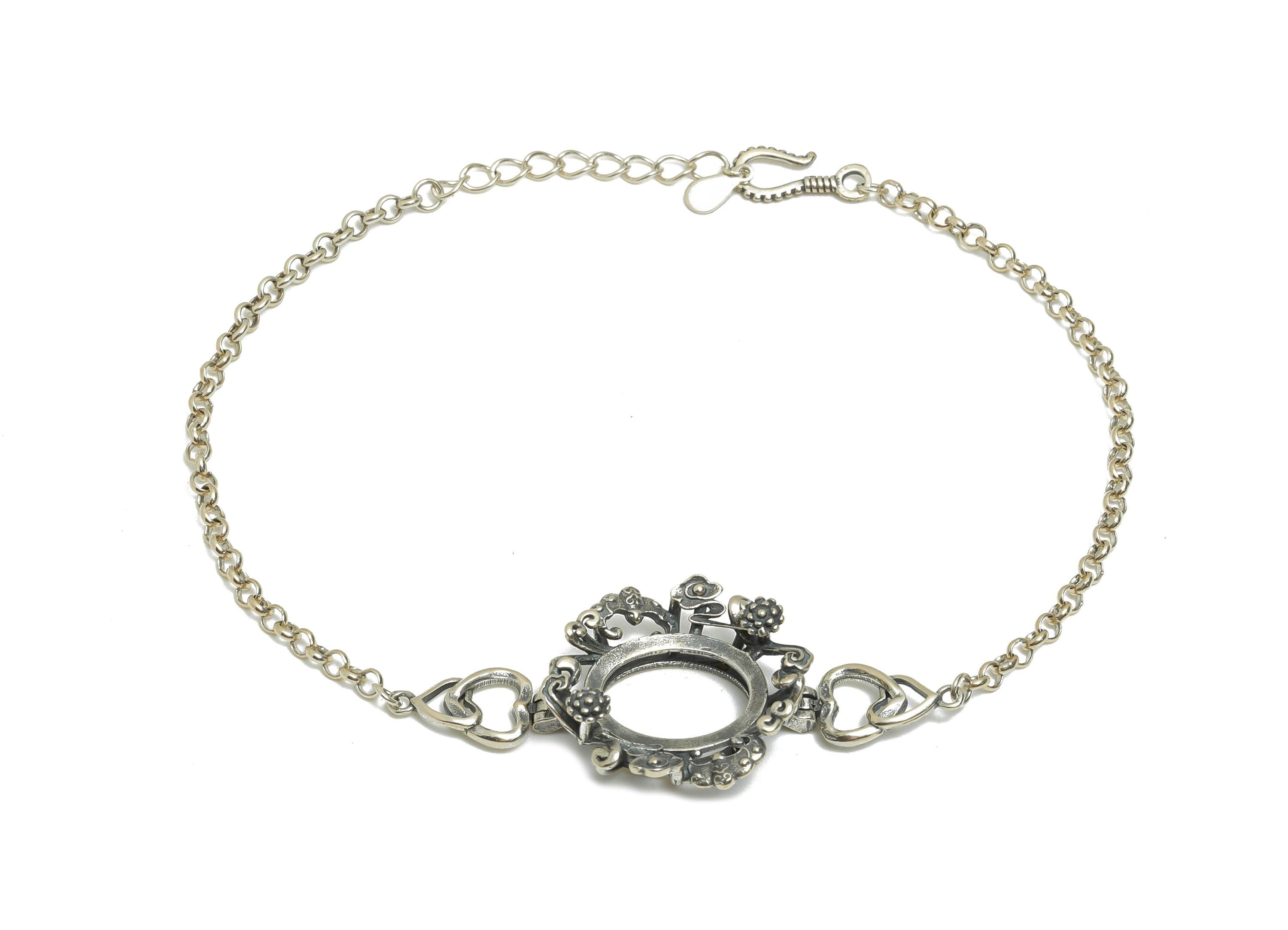 20+4cm Floral Heart Bracelet Setting - 12*14mm Oval Cabochon Link Bracelet - Adjustable 925 Sterling Silver Rhodium Plated Bracelet - SI1036 - DOMEDBAZAAR