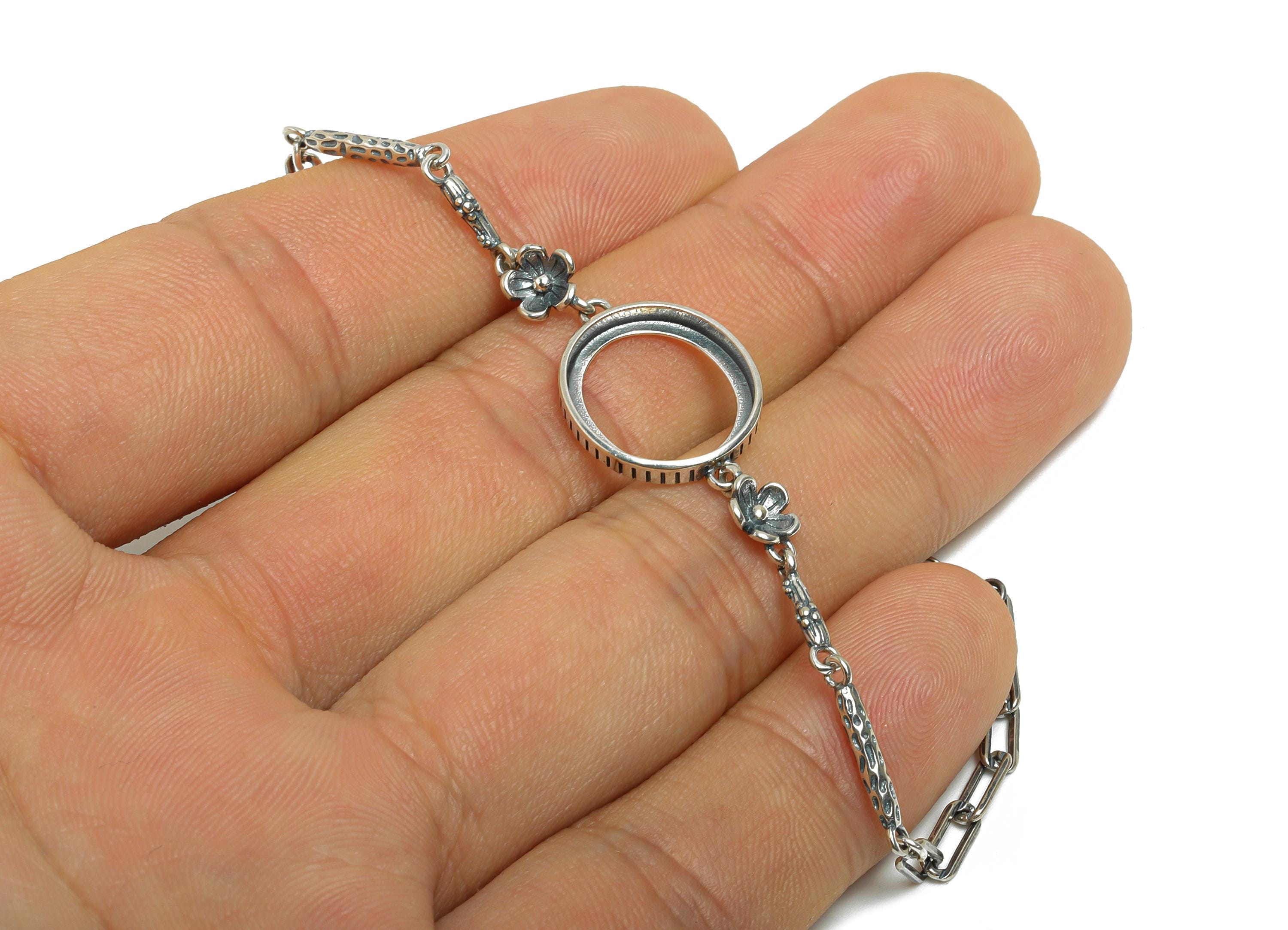 13*15mm Floral Cabochon Bracelet Base - Handmade 925 Sterling Silver Bracelet Setting - Geometry Bezel Bracelet - Rhodium Plating - SI1078 - DOMEDBAZAAR