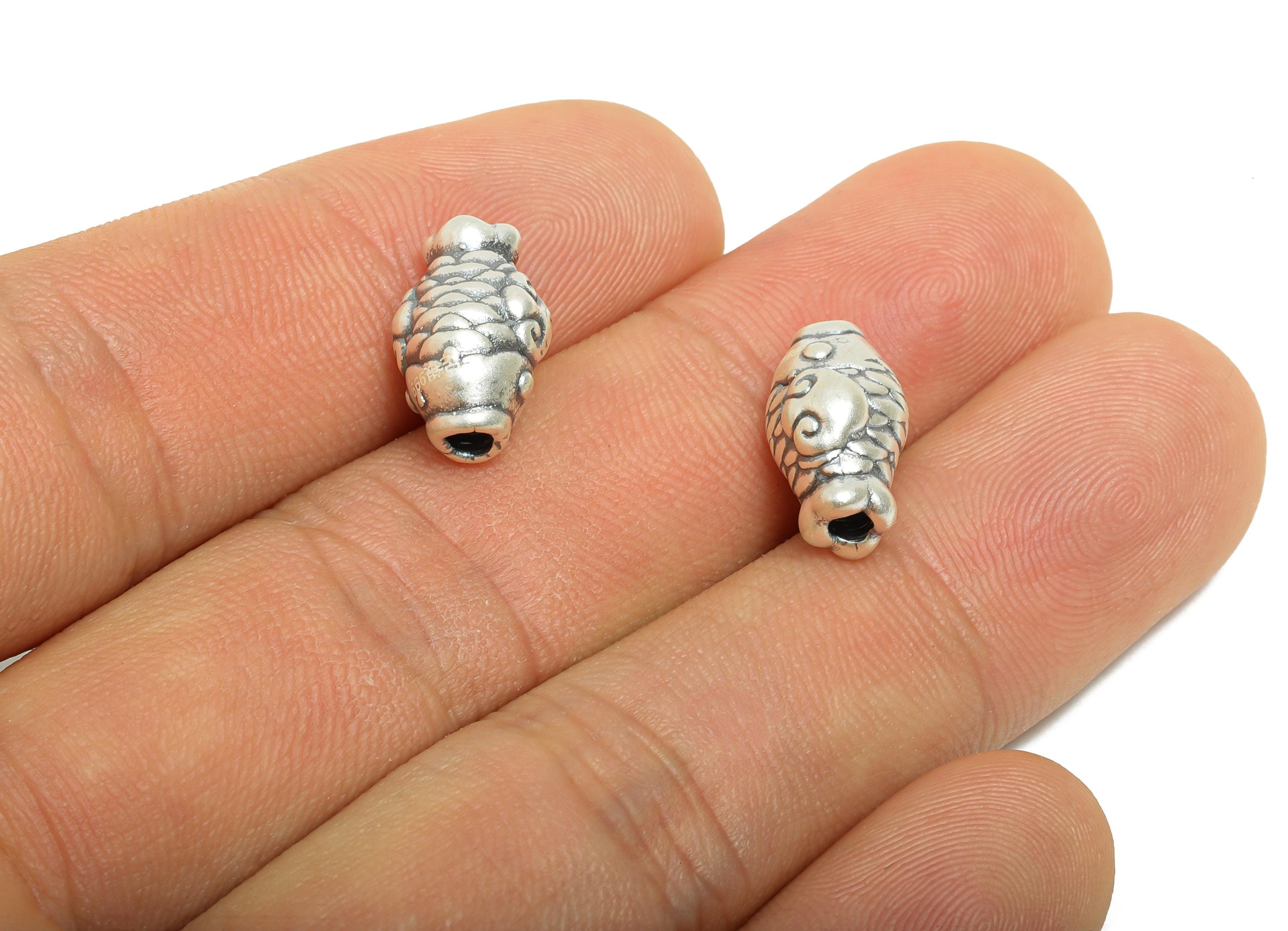 Silver Fish Bead - Animal Spacer Bead for Bracelets - Lucky Fish Jewelry Bead - Braided Bracelet Bead - Pure Silver 999 - 14x9x8mm - SI1154 - DOMEDBAZAAR