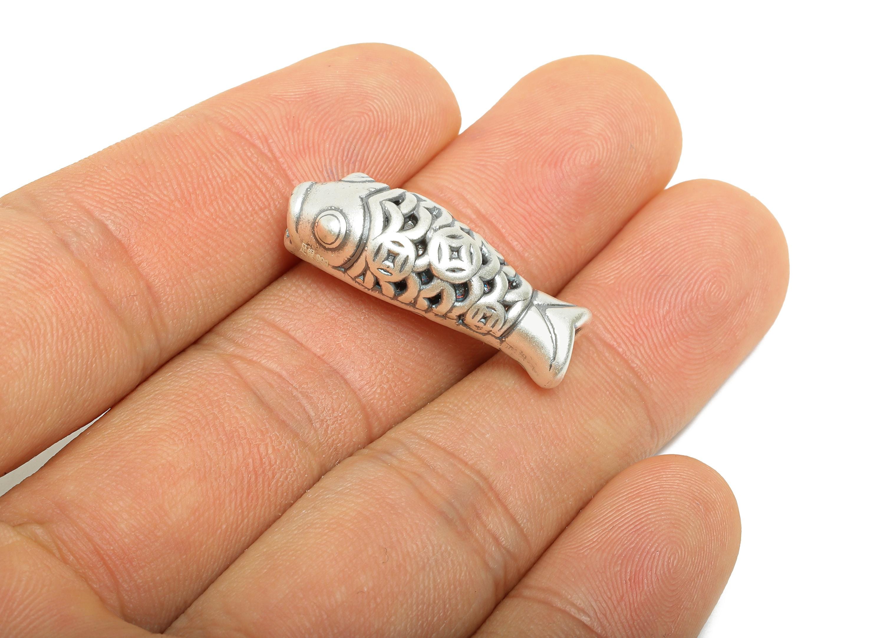 Silver Fish Bead - Filigree Fish Bead for Bracelets - Lucky Fish Jewelry Bead - Bracelet Bead Spacer - Pure Silver 999 - 28x10x9mm - SI1144 - DOMEDBAZAAR