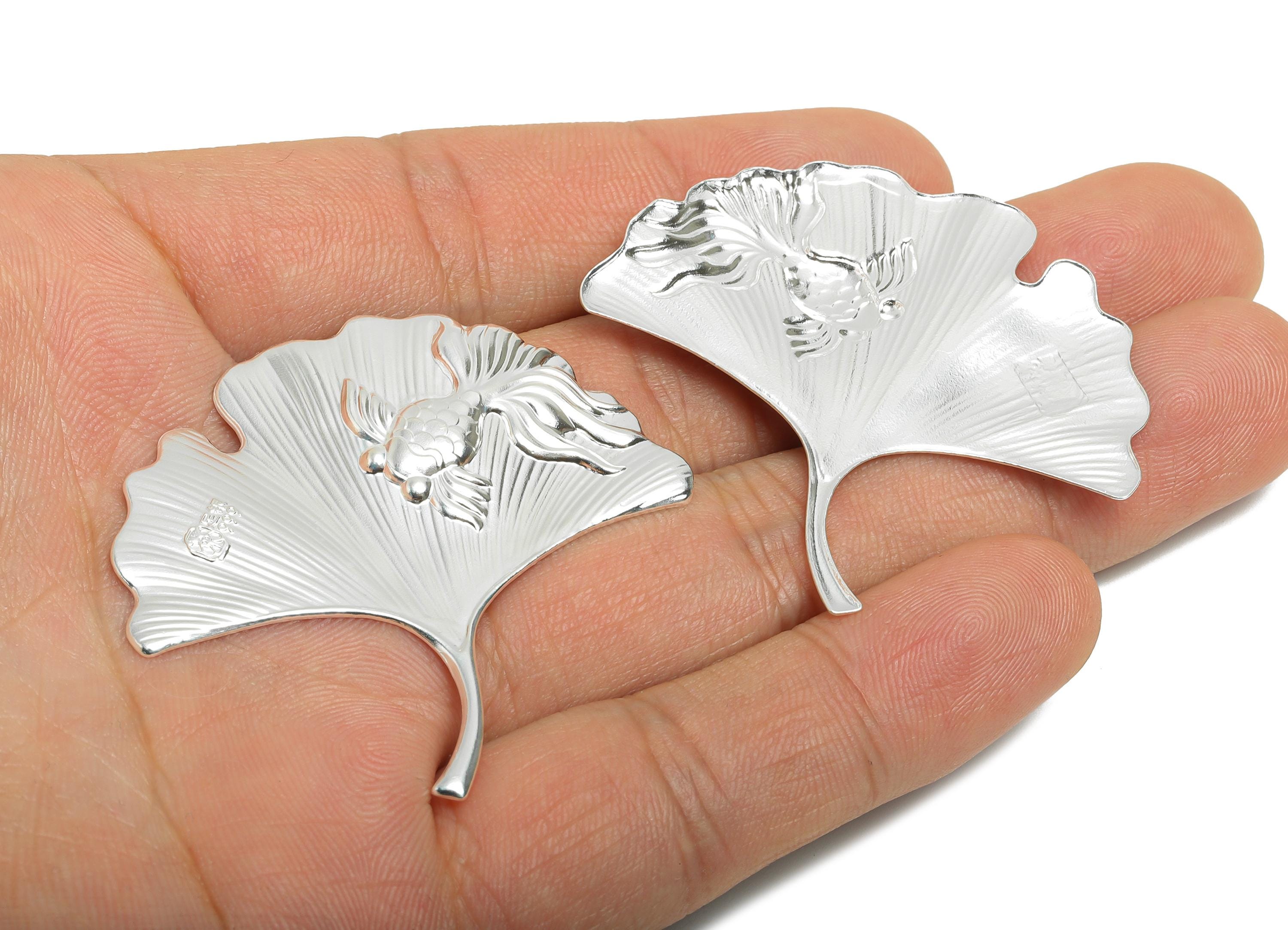 Silver Goldfish Ginkgo Relief - Pure Silver 999 - Botanical Coin Art Filigree Jewelry - Lucky Fish Collectible - 45.7x47x1.4mm - SI1115 - DOMEDBAZAAR