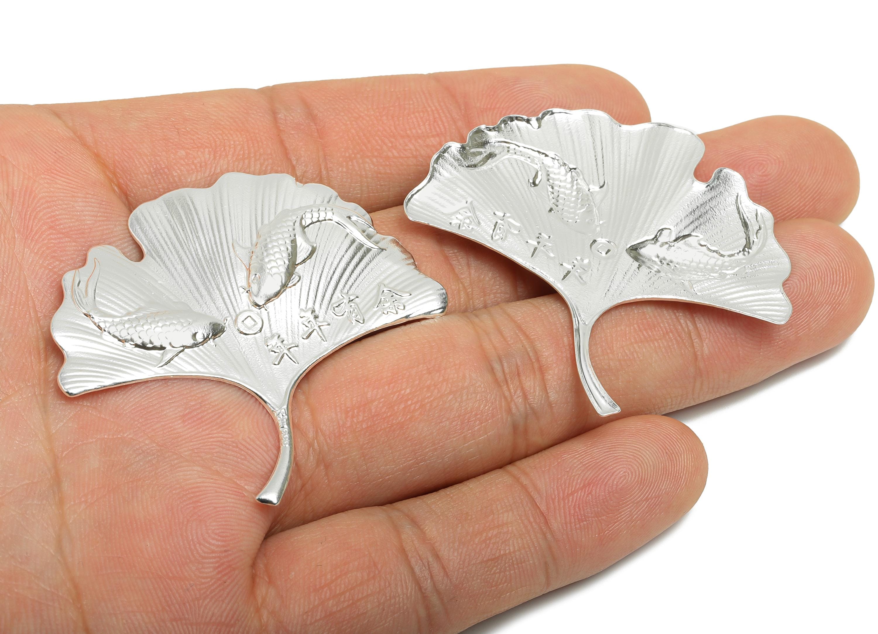 Silver Goldfish Ginkgo Relief - Pure Silver 999 - Silver Commemorative Coin - Art Lucky Fish Filigree Jewelry - 45.6x47x1.6mm - SI1116 - DOMEDBAZAAR