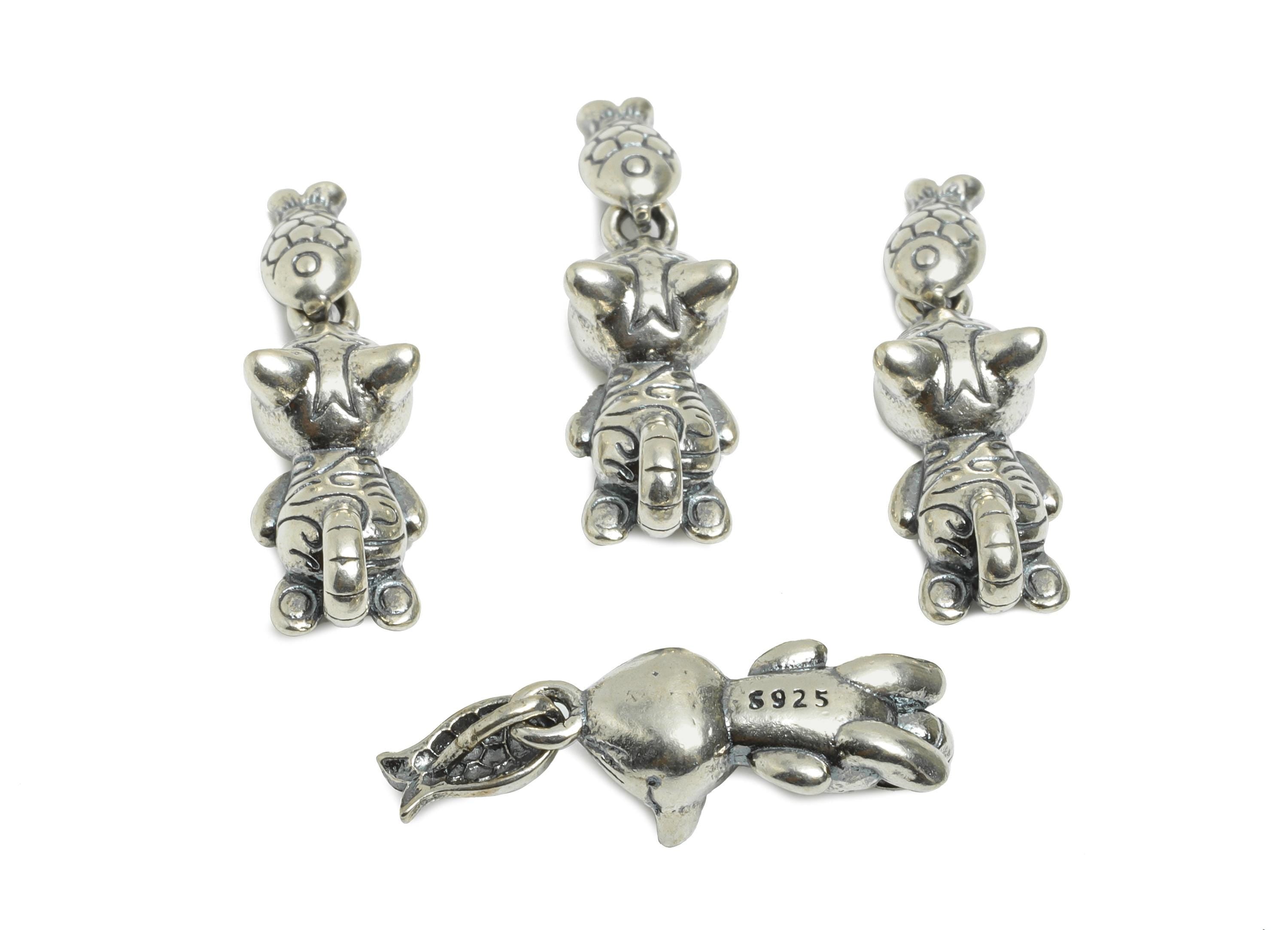 Silver Cat and Fish Pendant - Cute Animal Charm for Necklace - 925 Sterling Silver - Refined Rhodium Plating Pendant - 21x6.7x5.4mm - SI1119 - DOMEDBAZAAR