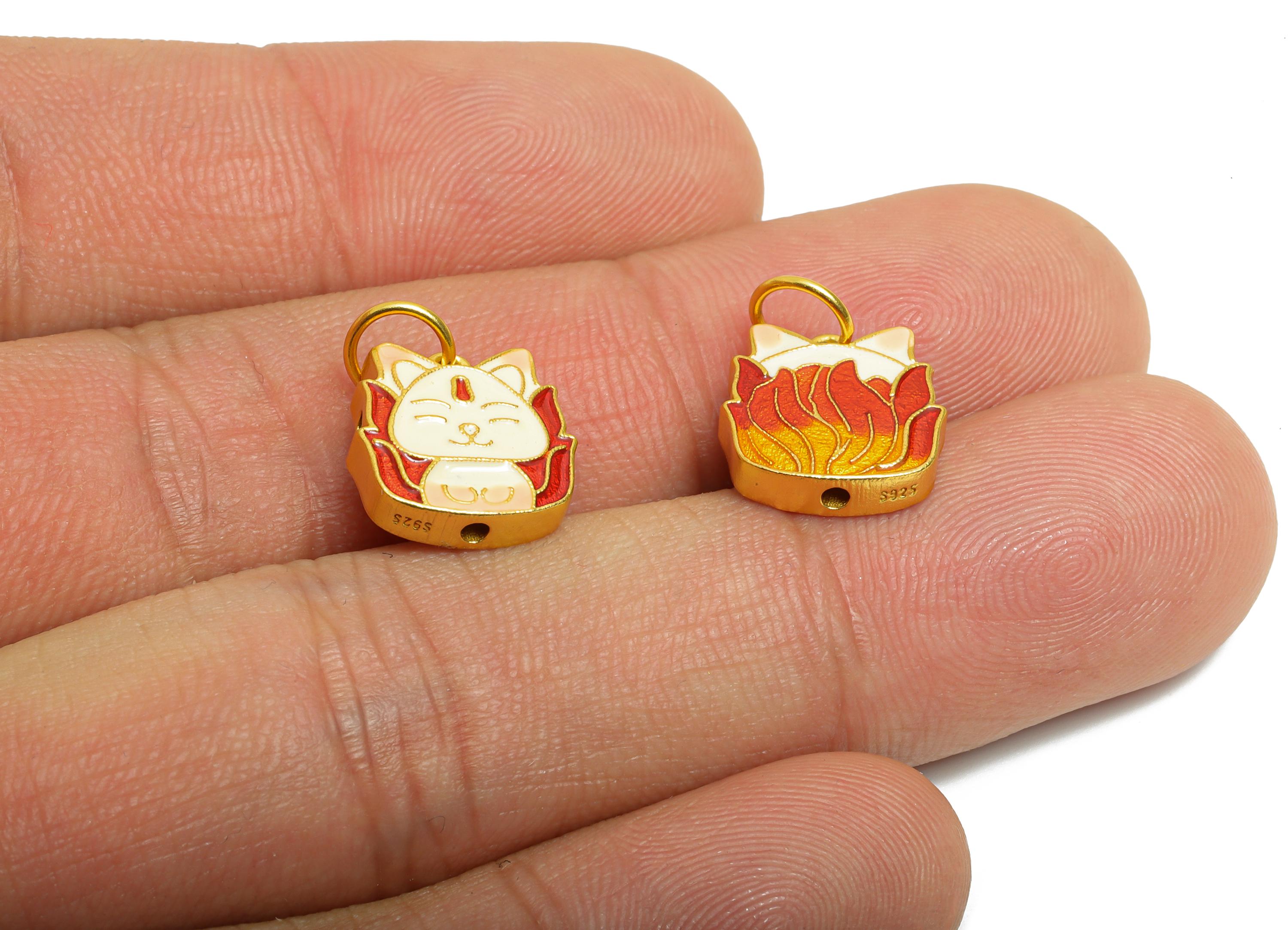 Enamel Lucky Cat Charm - Cute Fortune Cat Spacer for Bracelet - Spacer Bead - 925 Sterling Silver - KC Gold Plated - 11.9x11.6x3mm - SI1125 - DOMEDBAZAAR