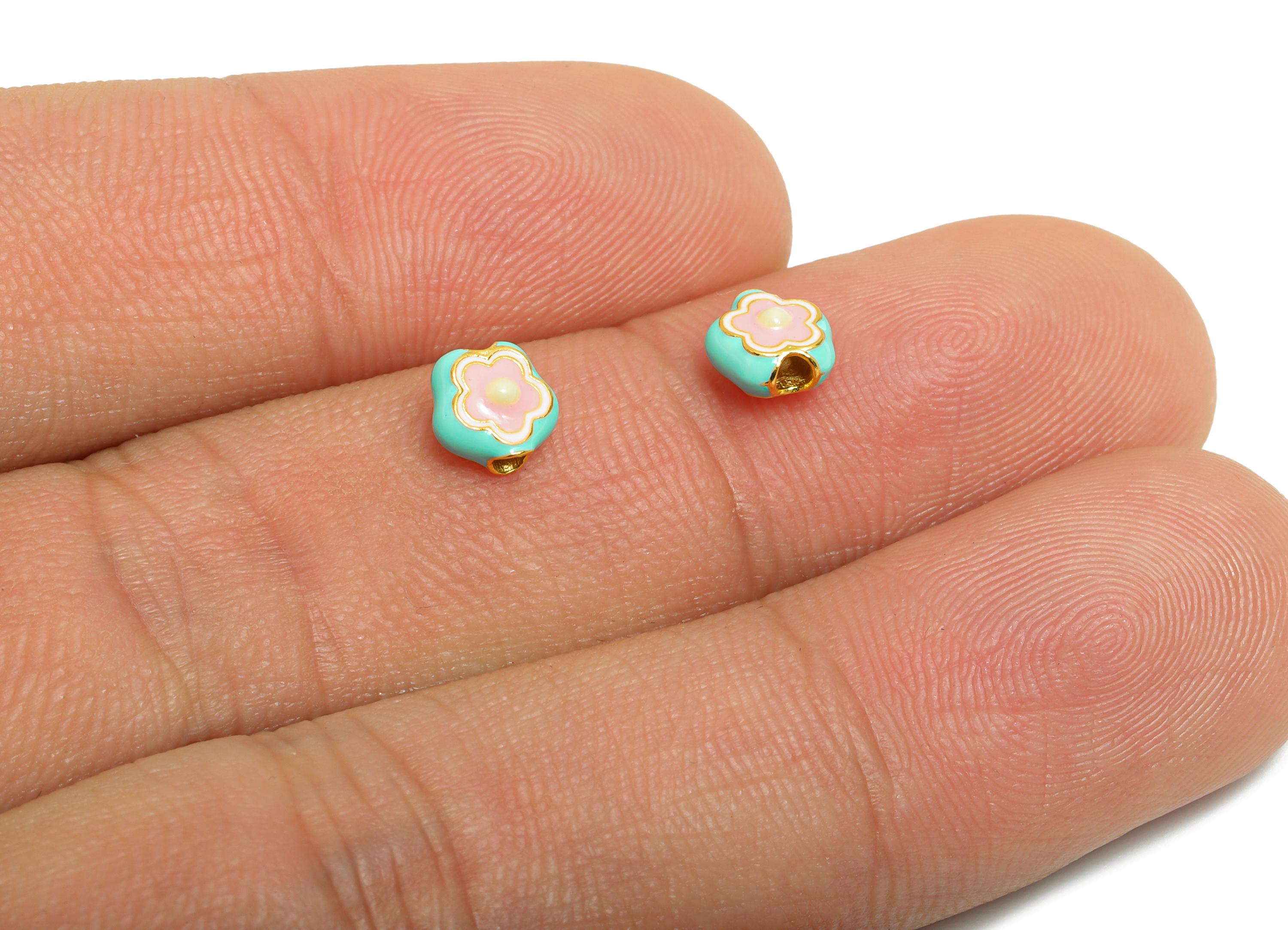 Enamel Flower Spacer Bead - Colorful Flower Bead for Bracelet - Handmade Jewelry - 925 Sterling Silver - KC Gold Plated - 6x6x3.9mm - SI1127 - DOMEDBAZAAR