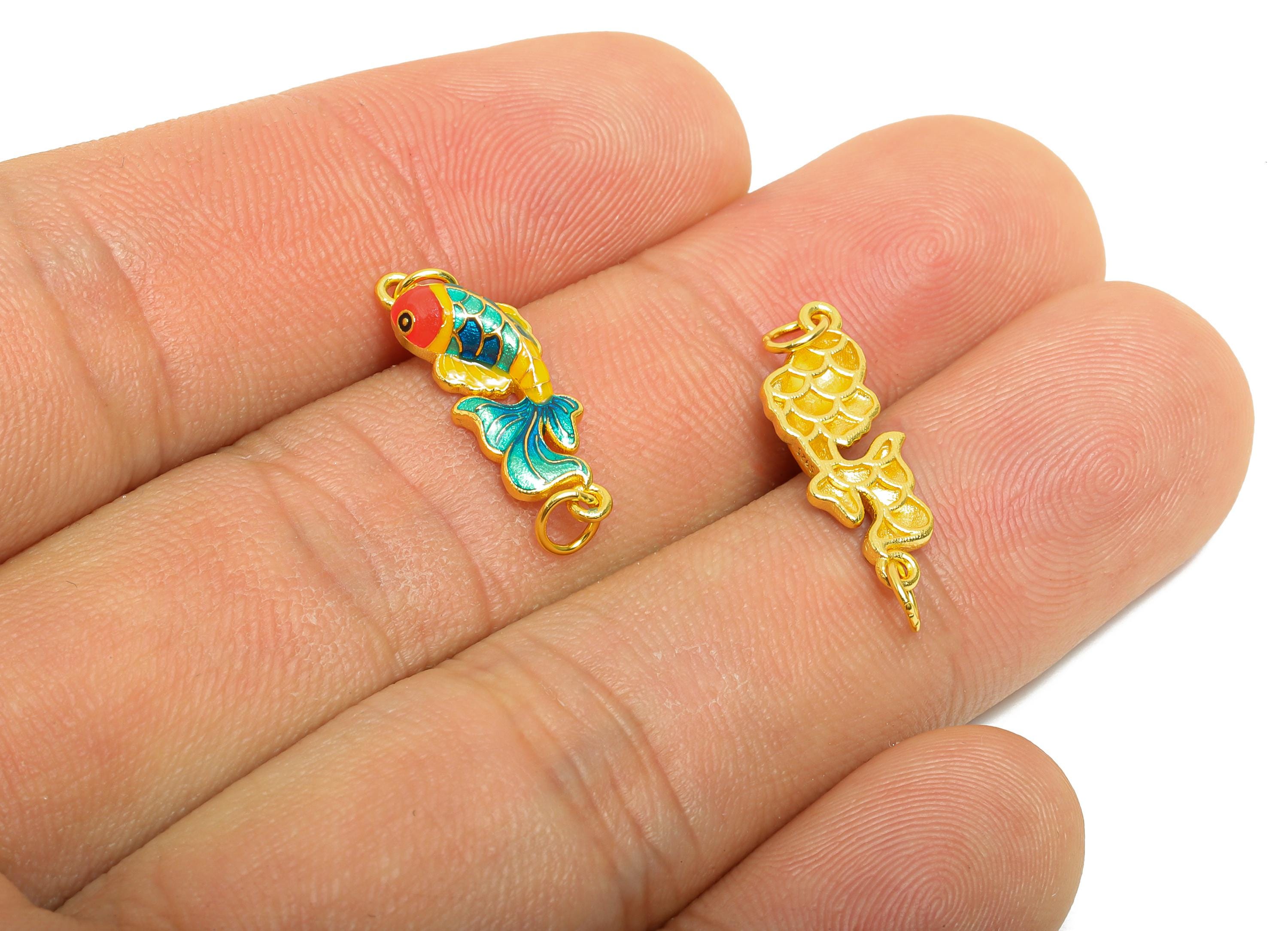 Enamel Koi Fish Charm - Colorful Cloisonné Style Pendant For Bracelet - 925 Sterling Silver - 24k Real Gold Plating - 8.6x9.6x3.4mm - SI1130 - DOMEDBAZAAR