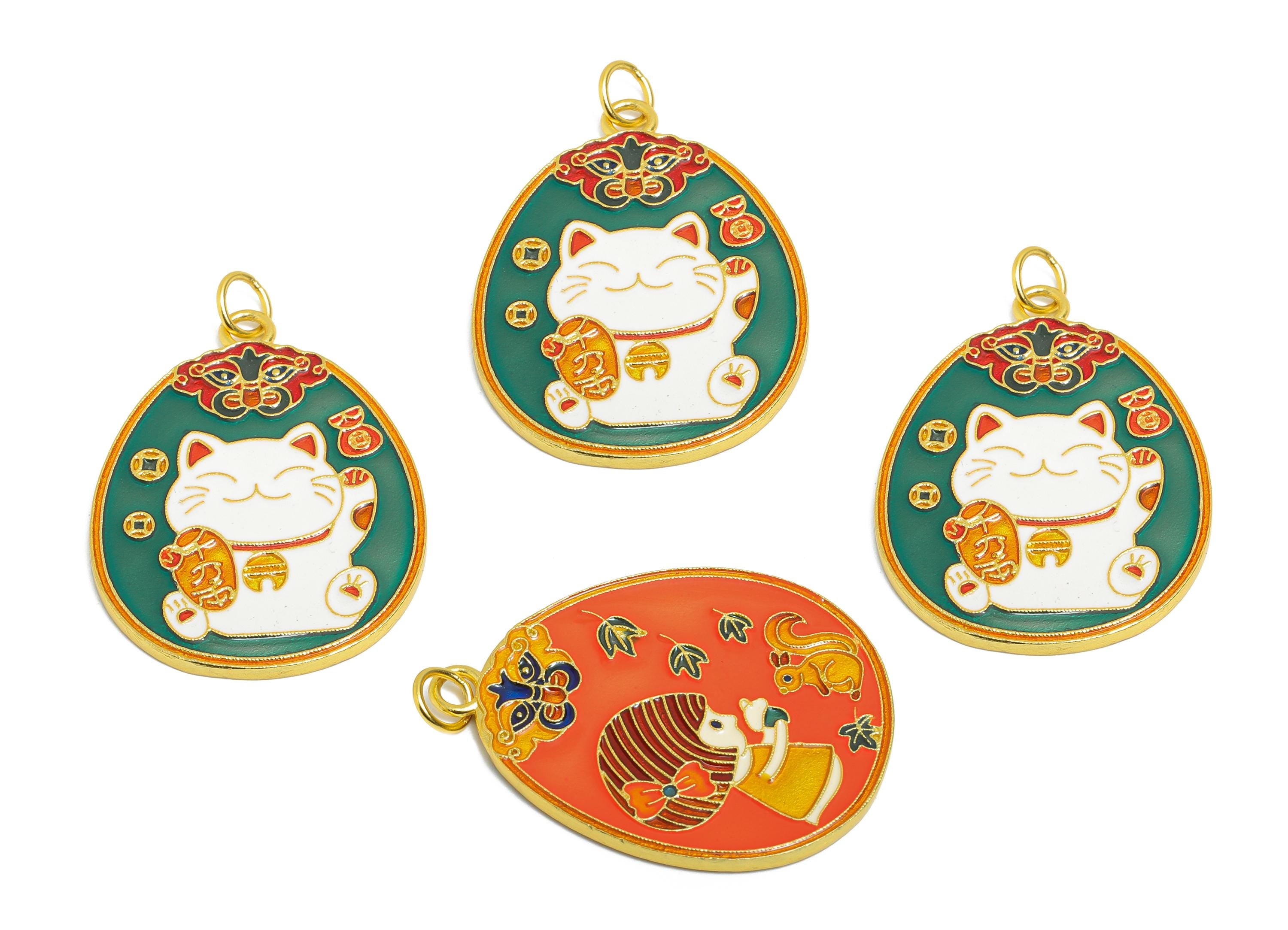 Silver Enamel Lucky Cat Pendant - Child and Squirrel Double Sided Necklace Pendant - 925 Sterling Silver - KC Gold Plated-32x23x1.5mm-SI1129 - DOMEDBAZAAR