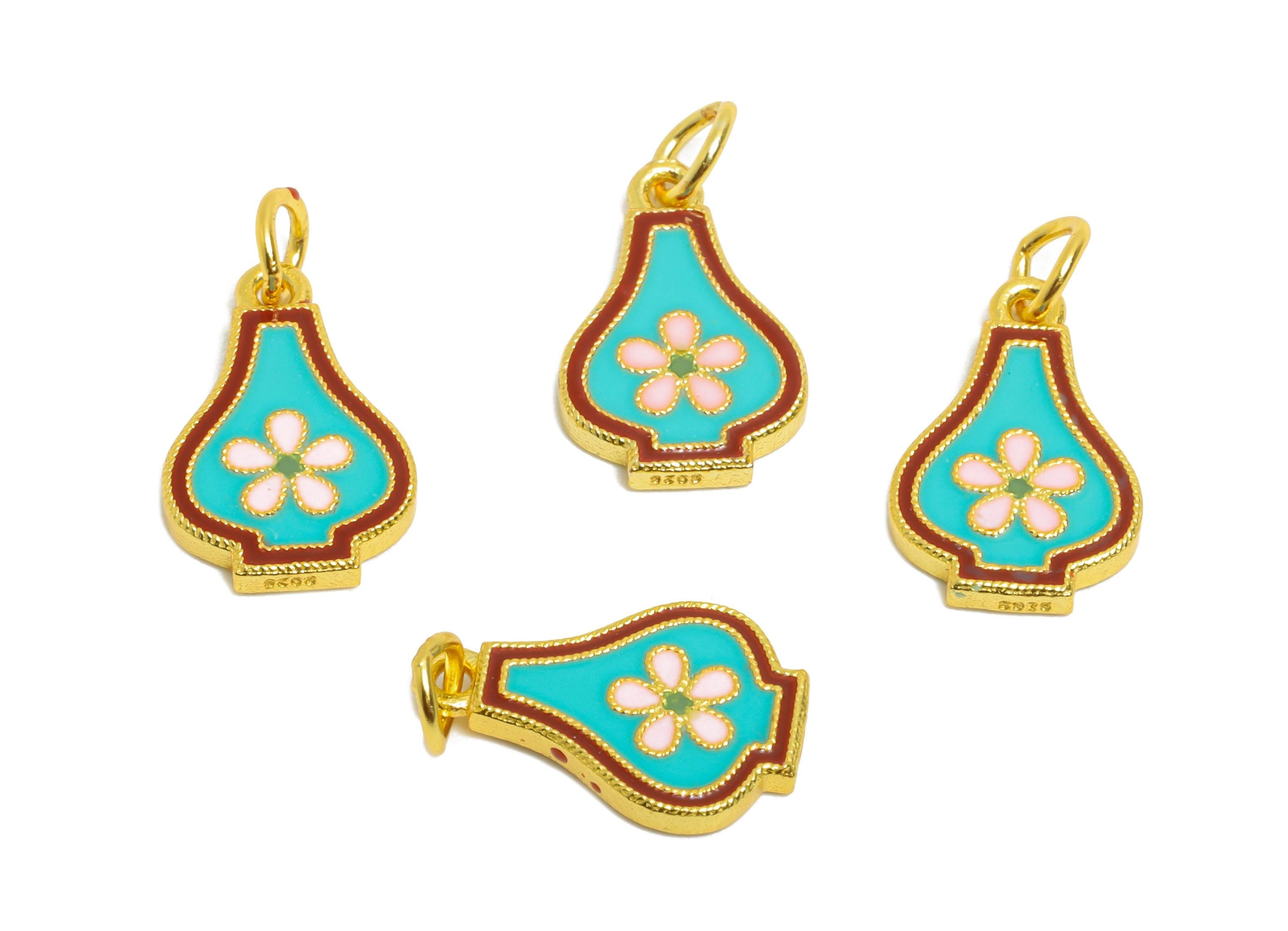 Enamel Daisy Charm - Colorful Floral Enamel Charm for Bracelet - 925 Sterling Silver - 24k Real Gold Plating - 12.1x7.92x1.41mm - SI1131 - DOMEDBAZAAR