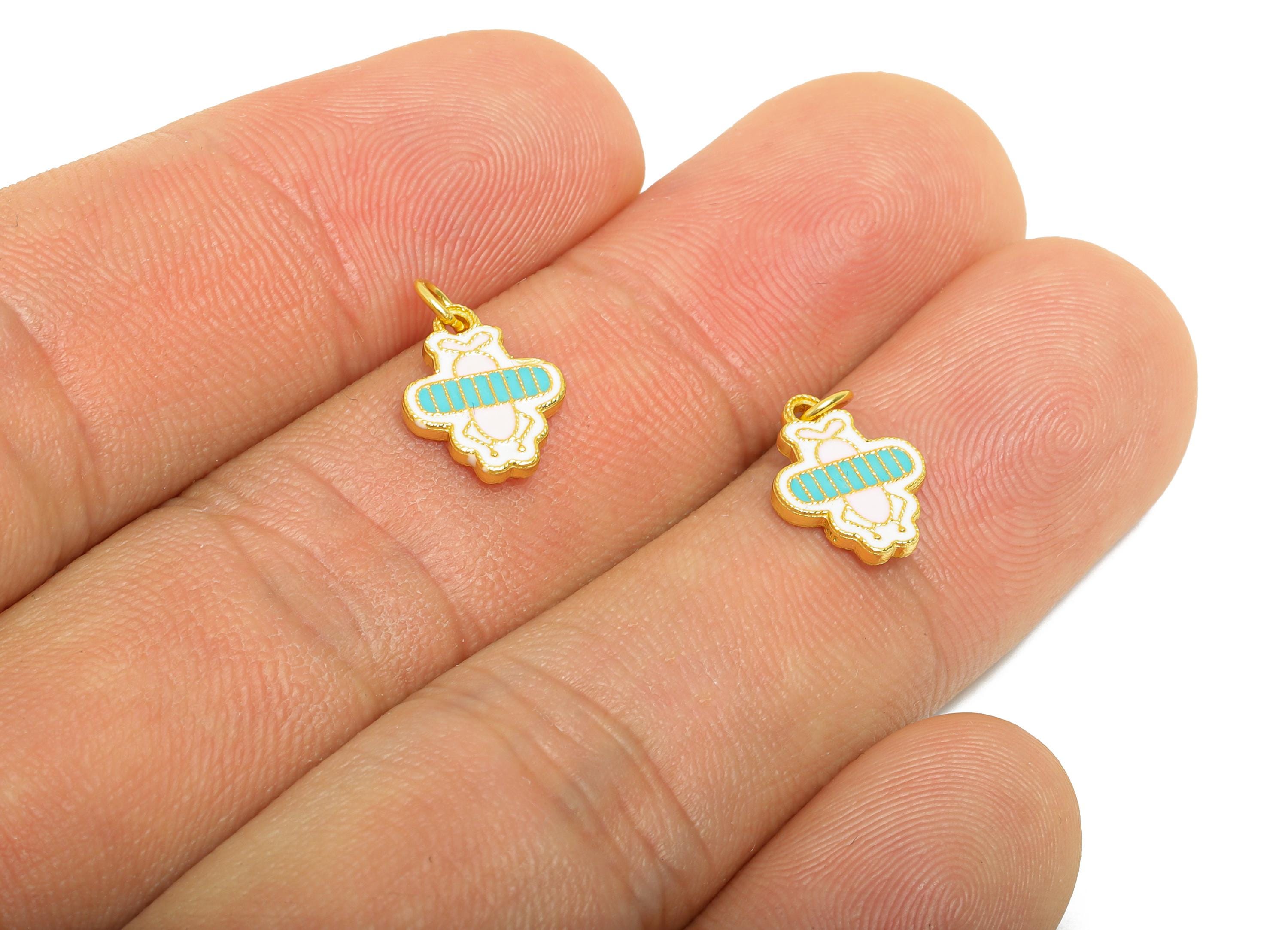 Colorful Bee Enamel Charm - Gold Tone Kawaii Bee Charm For Bracelet - 925 Sterling Silver - 24k Real Gold Plating - 11x8.93x1.35mm- SI1135 - DOMEDBAZAAR