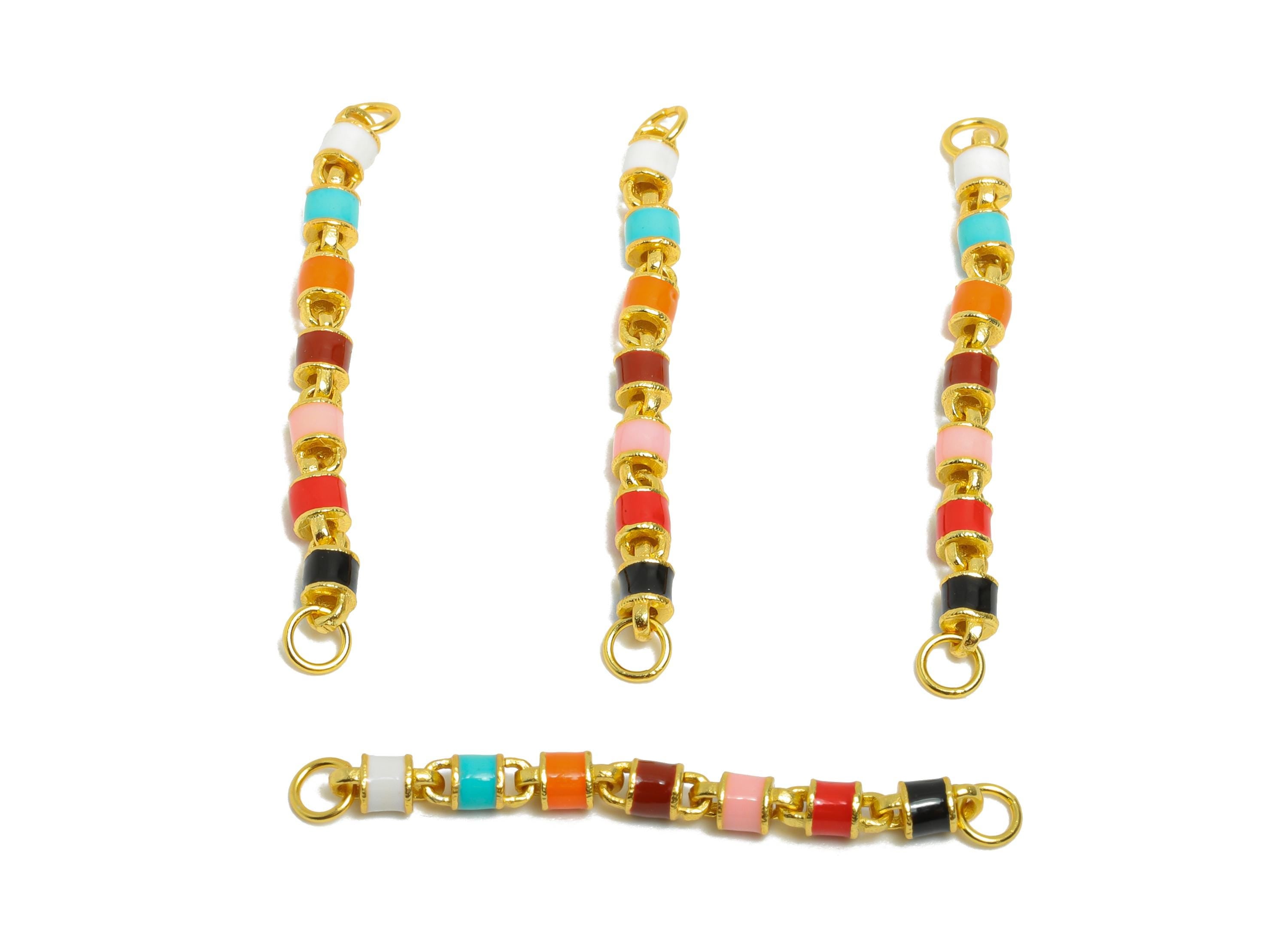 Colorful Enamel Cylinder Bead - Rainbow Bead Connector Charm For Bracelet - 925 Sterling Silver - 24k Real Gold Plating - 34x2x2mm- SI1140 - DOMEDBAZAAR
