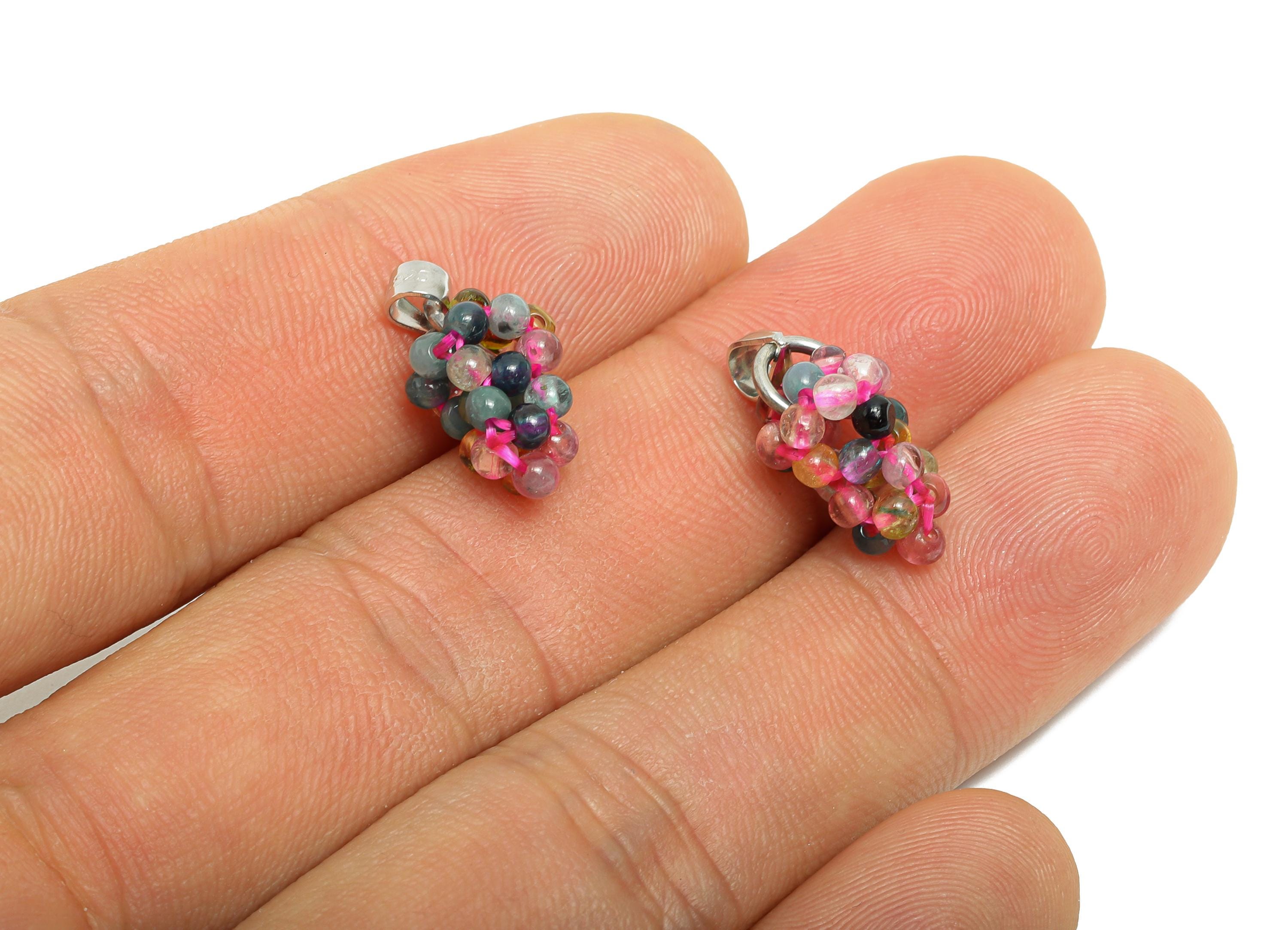 Silver Grape Cluster Pendant - Tourmaline Beaded Grape Pendant with Bail - Necklace Pendant - 925 Sterling Silver - 19x8.9x9.5mm- SI1164