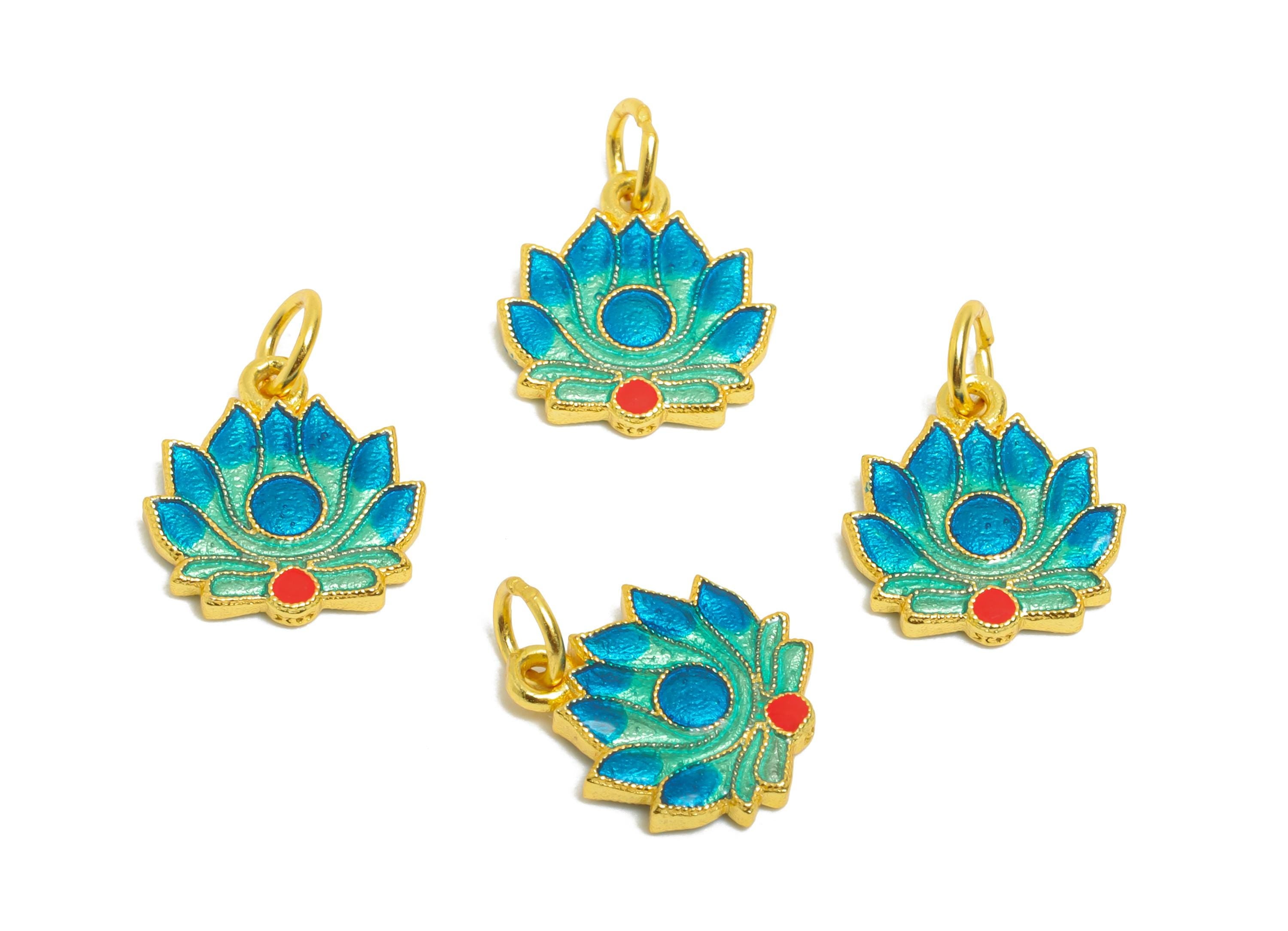 Colorful Enamel Lotus Charm - Mandala Lotus Charm For DIY Bracelet - 925 Sterling Silver - 24k Real Gold Plating - 10x9x1.45mm - SI1132 - DOMEDBAZAAR