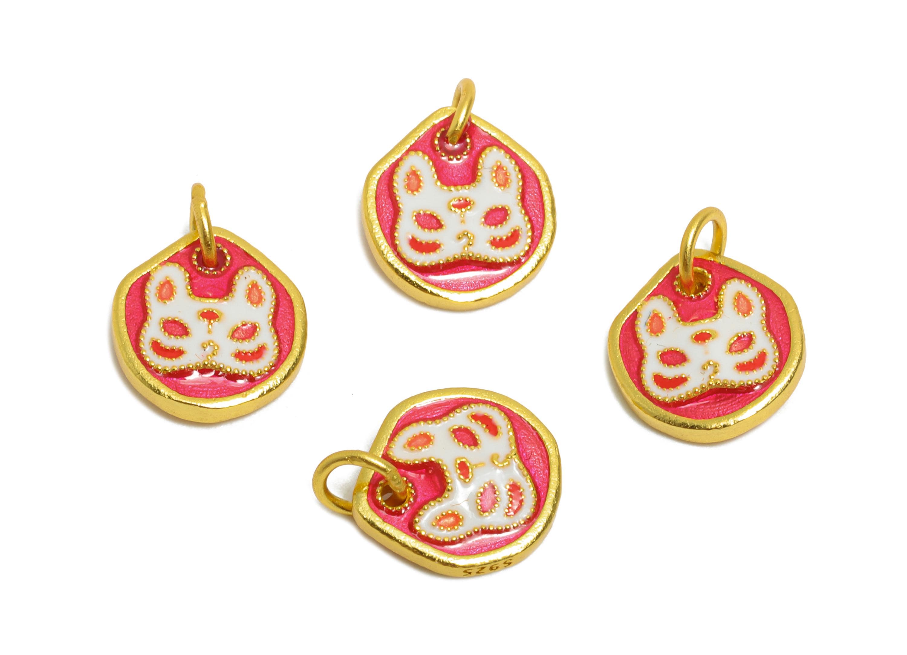 Pink Lucky Cat Charm - Handmade Enamel Japanese Cat Charm For Bracelet - 925 Sterling Silver - 24k Real Gold Plating - 8x8x2.27mm - SI1136 - DOMEDBAZAAR