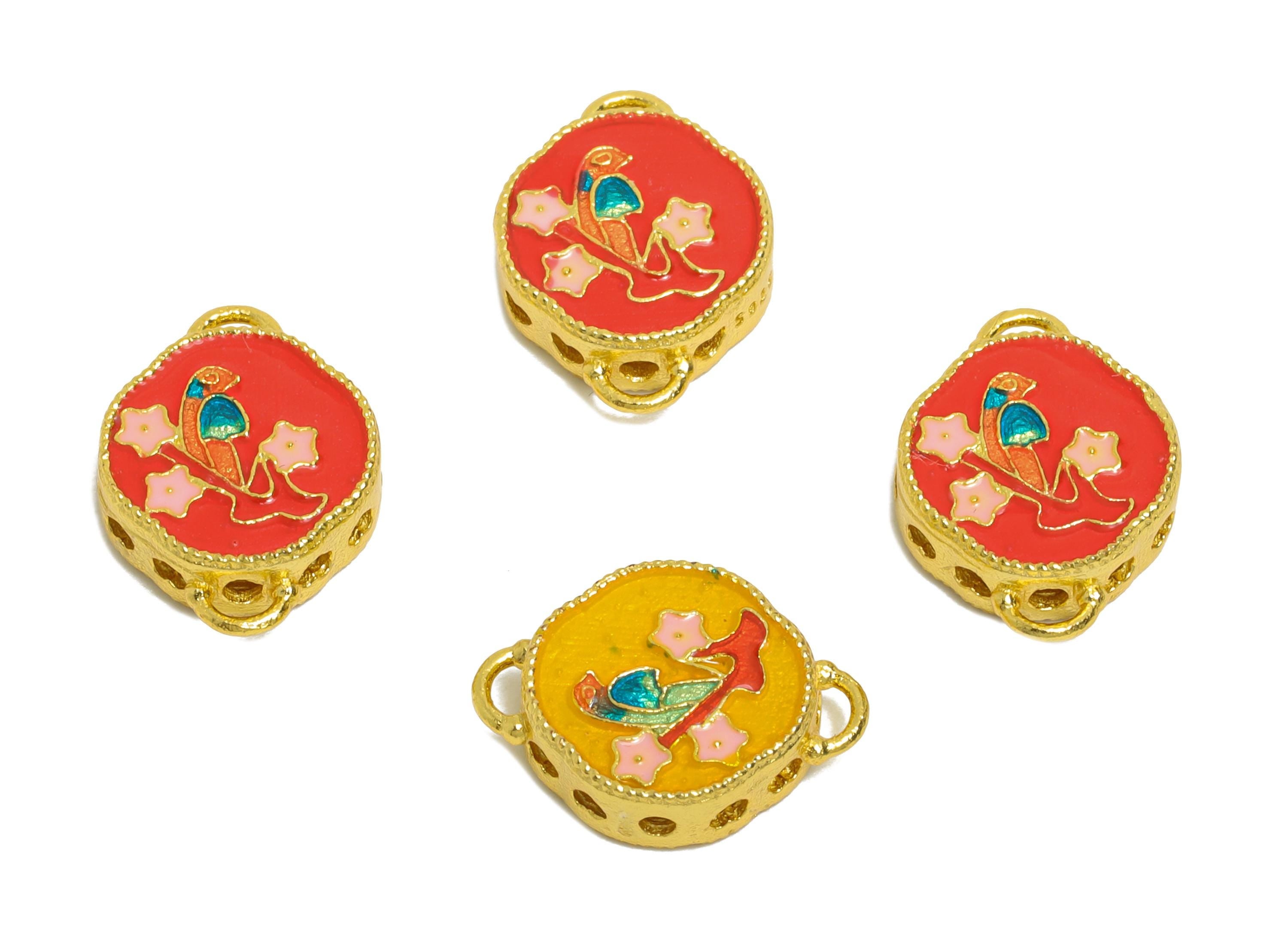 Colorful Enamel Bird Charm -Cloisonné Jewelry Charm For DIY Bracelet - 925 Sterling Silver - 24k Real Gold Plating - 10x9x1.45mm - SI1133 - DOMEDBAZAAR