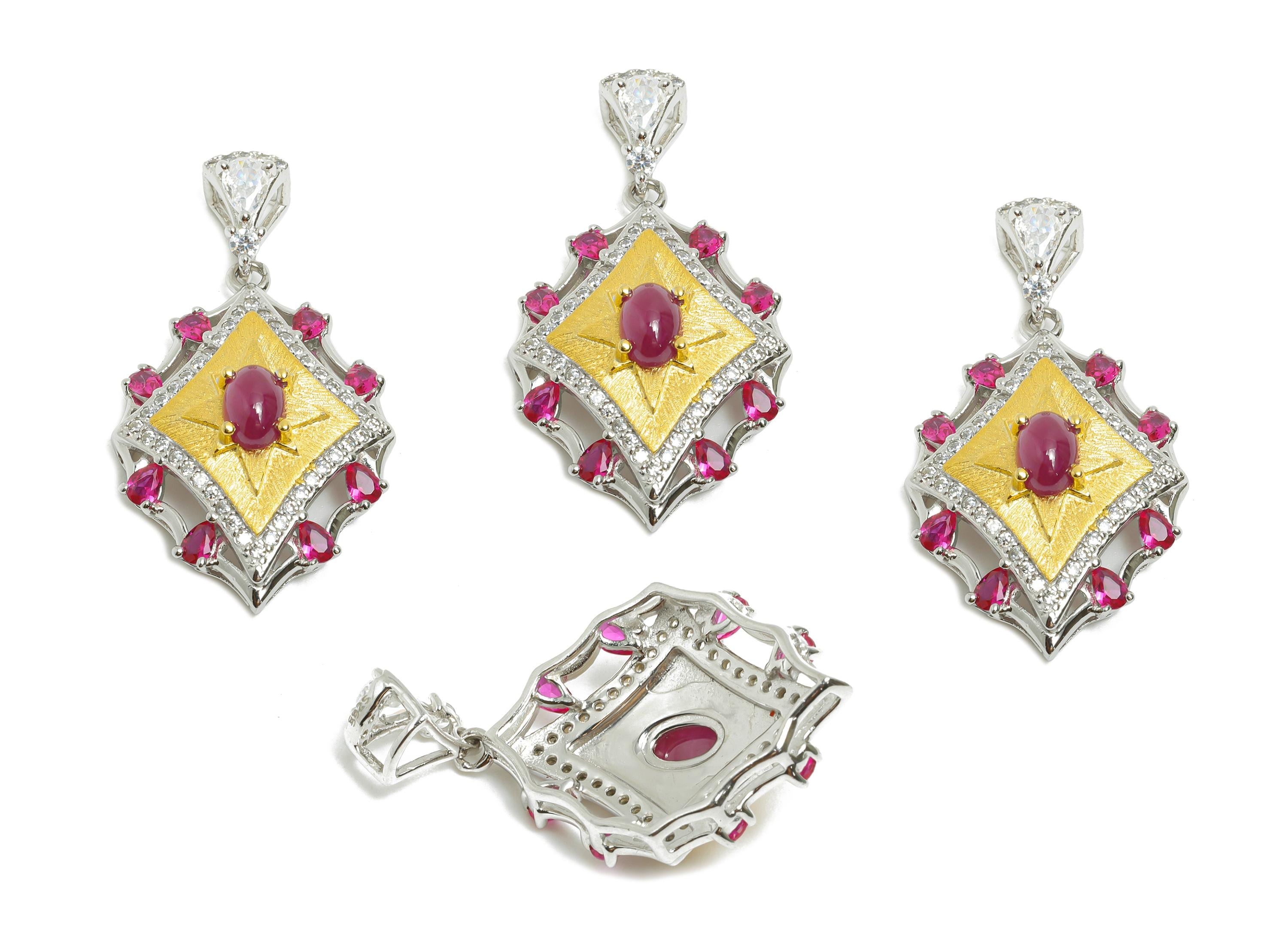 Vintage Ruby Pendant - Dainty Zircon Geometry Ruby With Bail For Necklace - 925 Sterling Silver - Silver Plating - 33x18x8mm - SI1177 - DOMEDBAZAAR