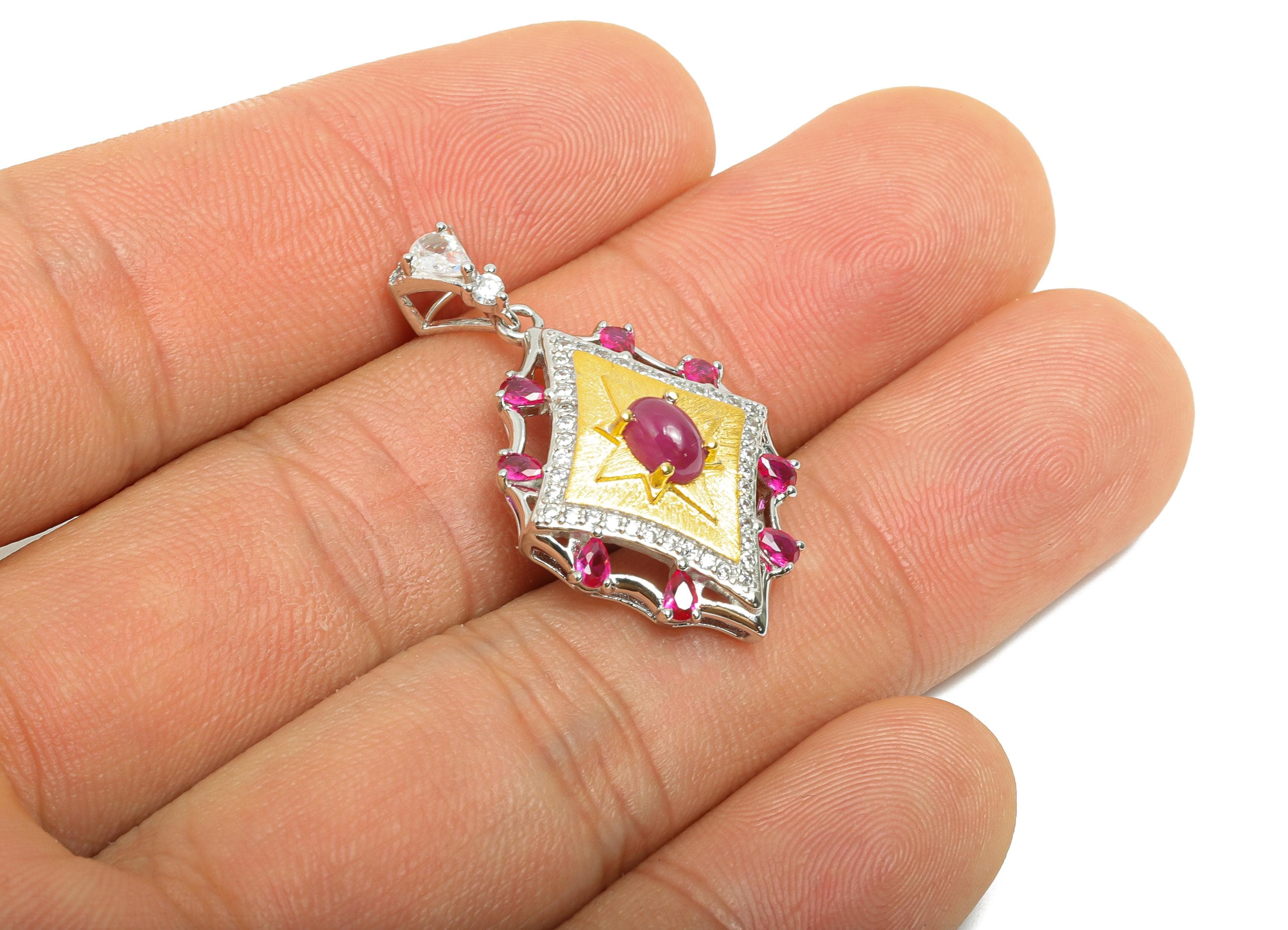 Vintage Ruby Pendant - Dainty Zircon Geometry Ruby With Bail For Necklace - 925 Sterling Silver - Silver Plating - 33x18x8mm - SI1177 - DOMEDBAZAAR