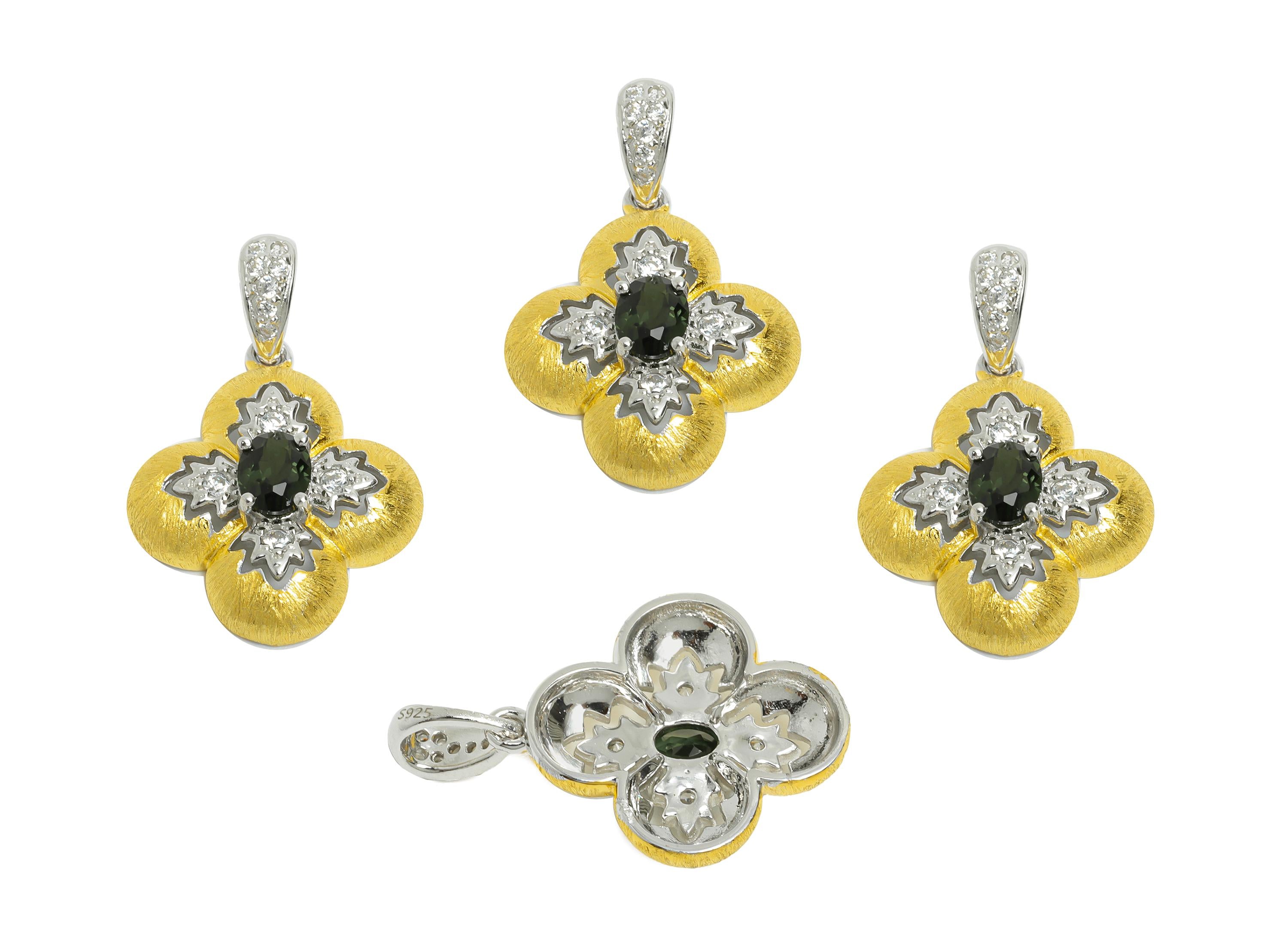 Classic Diopside Pendant - Vintage Zircon Geometry With Bail For Necklace - 925 Sterling Silver - 18k Real Gold Plating - 24x16x5mm - SI1183 - DOMEDBAZAAR