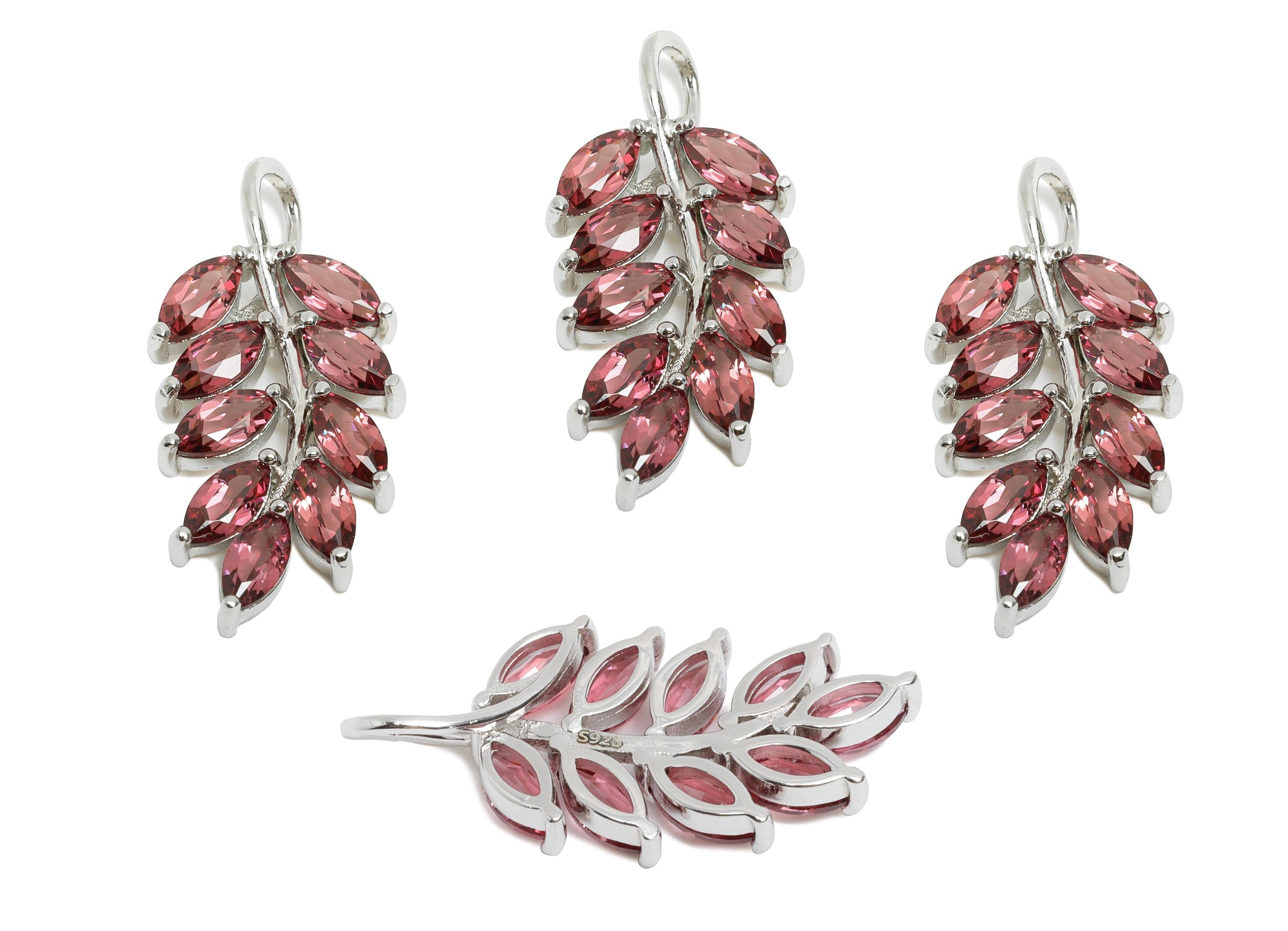 Garnet Leaf CZ Pendant - Marquise Zircon Branch Necklace Pendant with Loop - 925 Sterling Silver - Silver Plated - 28x12.8x4.23mm - SI1181 - DOMEDBAZAAR