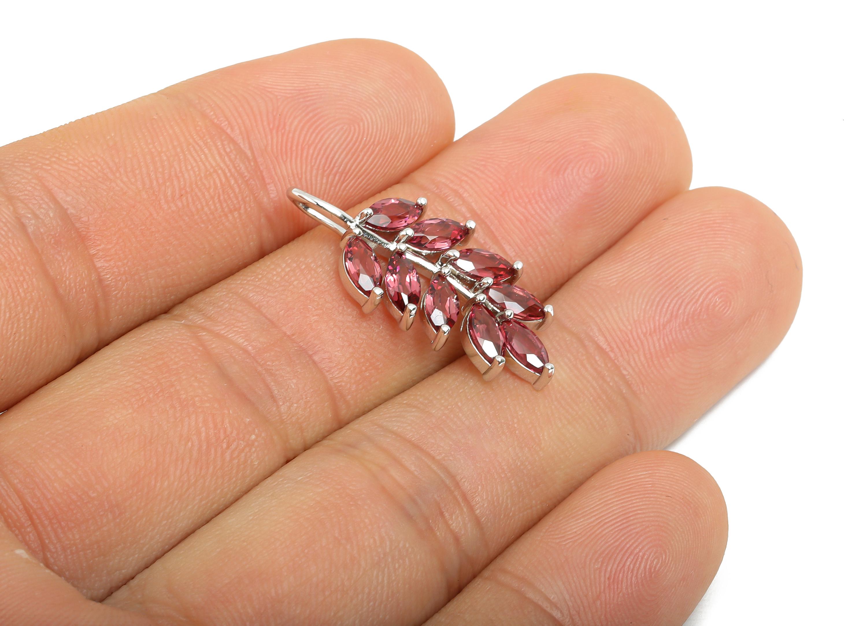 Garnet Leaf CZ Pendant - Marquise Zircon Branch Necklace Pendant with Loop - 925 Sterling Silver - Silver Plated - 28x12.8x4.23mm - SI1181 - DOMEDBAZAAR