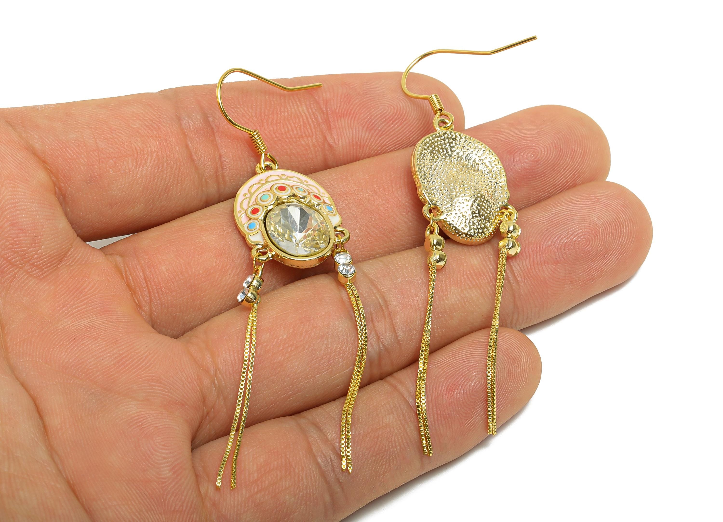 Brass Drama Earring Hook - Enamel Handmade Tassel Hook Wire - Crystal Party Earring Jewelry - 18K Real Gold Plating - 72x15x5mm - RGP11012 - DOMEDBAZAAR