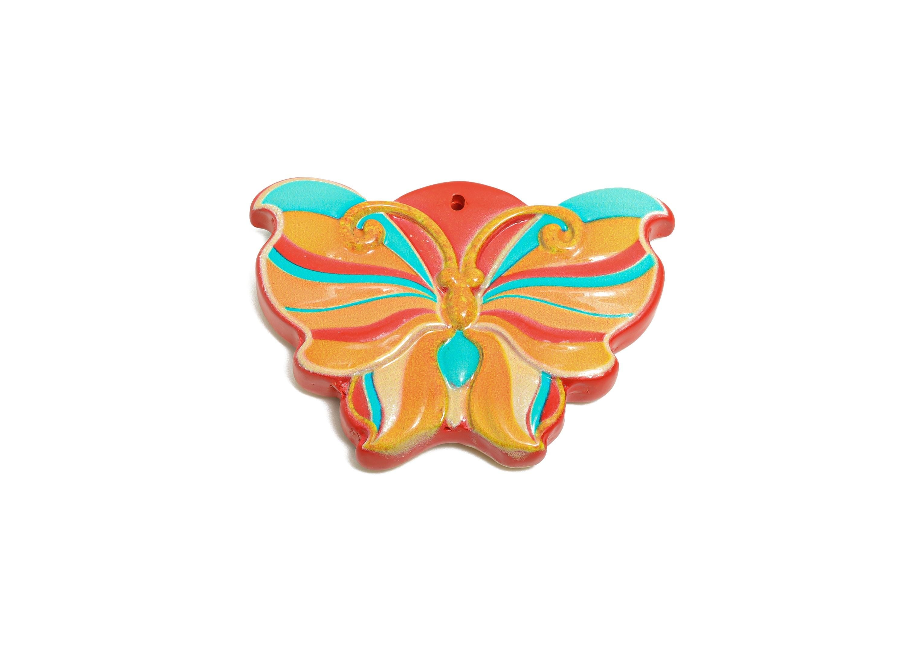 Vermilion Butterfly Pendant - Colorful Enamel Painting Jewelry Component - Handmade Necklace Pendant - DIY Jewelry - 30.5x44x7.6mm - NS3090 - DOMEDBAZAAR
