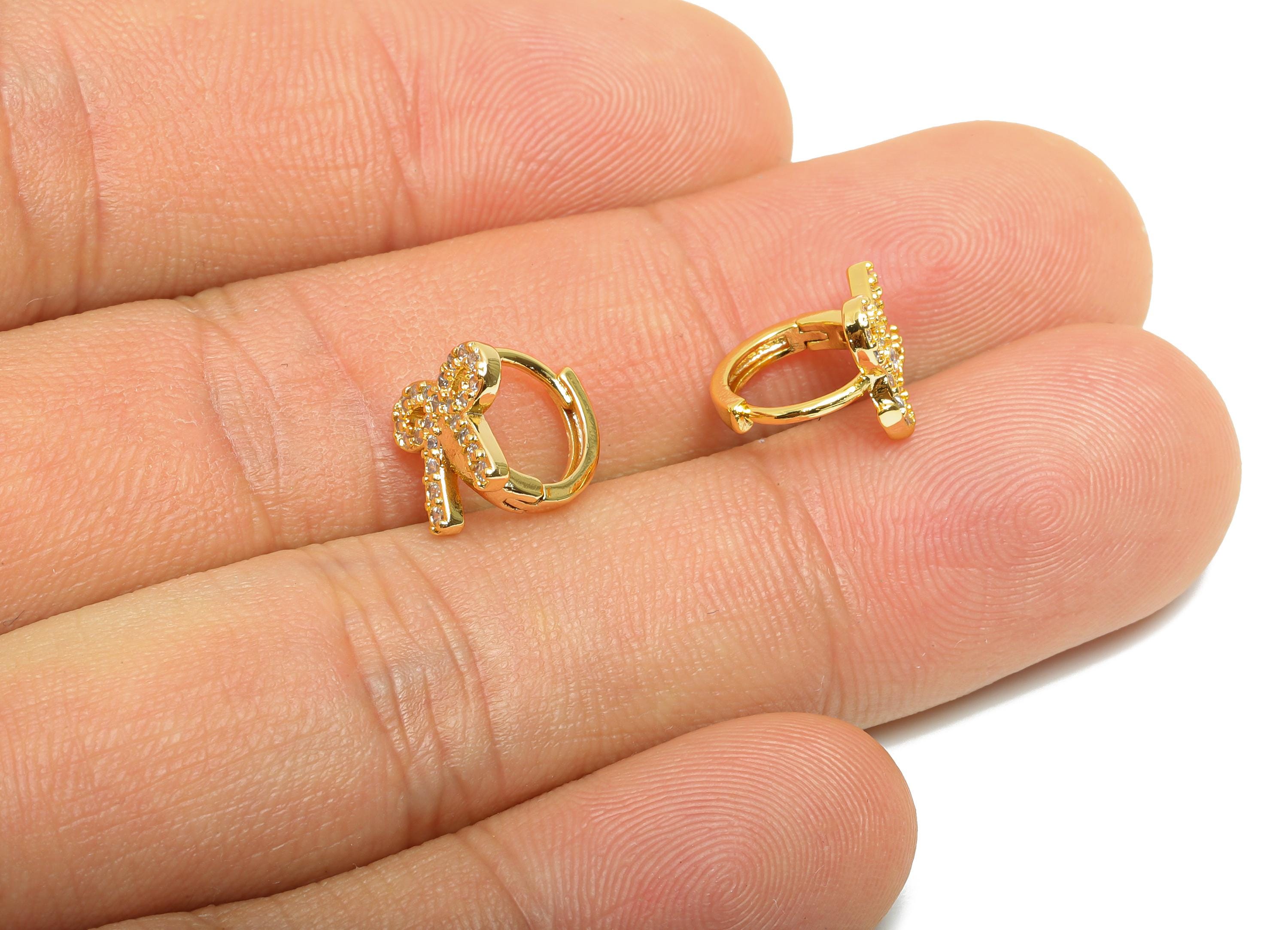 Brass CZ Bow Huggie Hoop Earring - Cute Brass Bow Zircon Earring - Dainty Huggie Hoop Clasp - 18K Real Gold Plated - 10.2x9x8.7mm - RGP10942 - DOMEDBAZAAR