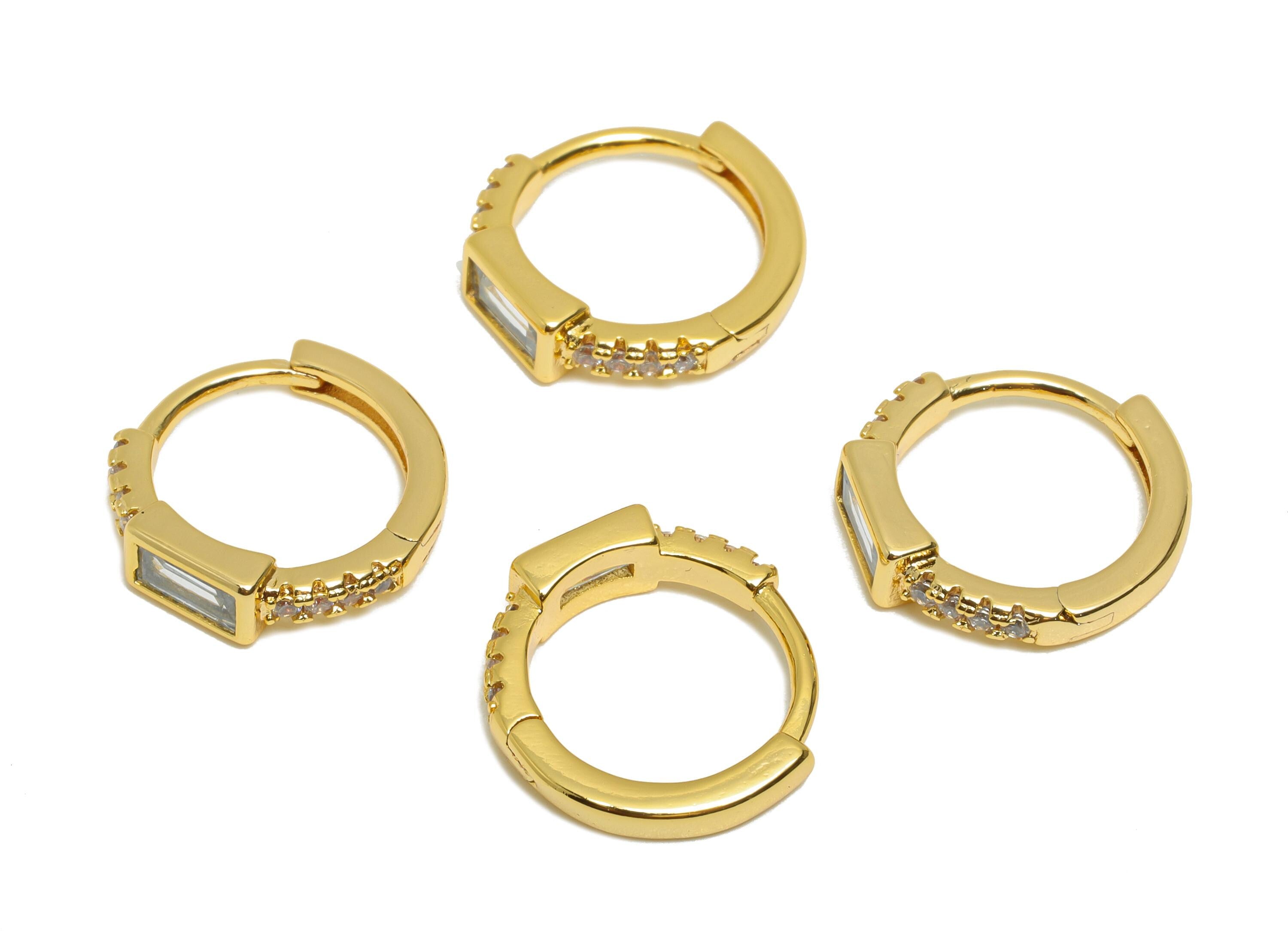 Brass CZ Huggie Hoop Earring - Brass Rectangle Zircon Earring - Modern Huggie Hoop Clasp - 18K Real Gold Plated - 13.7x13.4x3.6mm - RGP10927 - DOMEDBAZAAR