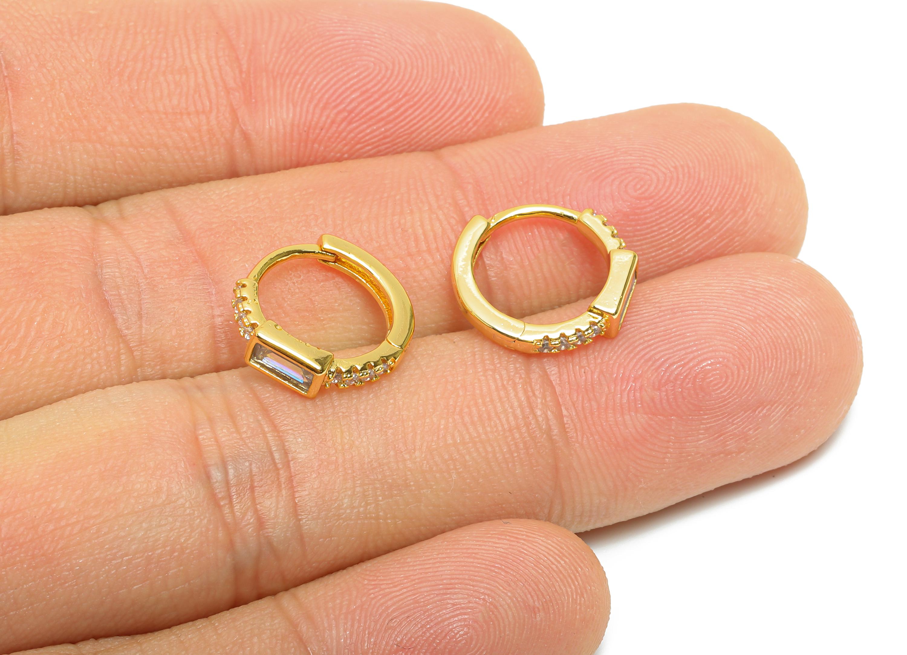 Brass CZ Huggie Hoop Earring - Brass Rectangle Zircon Earring - Modern Huggie Hoop Clasp - 18K Real Gold Plated - 13.7x13.4x3.6mm - RGP10927 - DOMEDBAZAAR