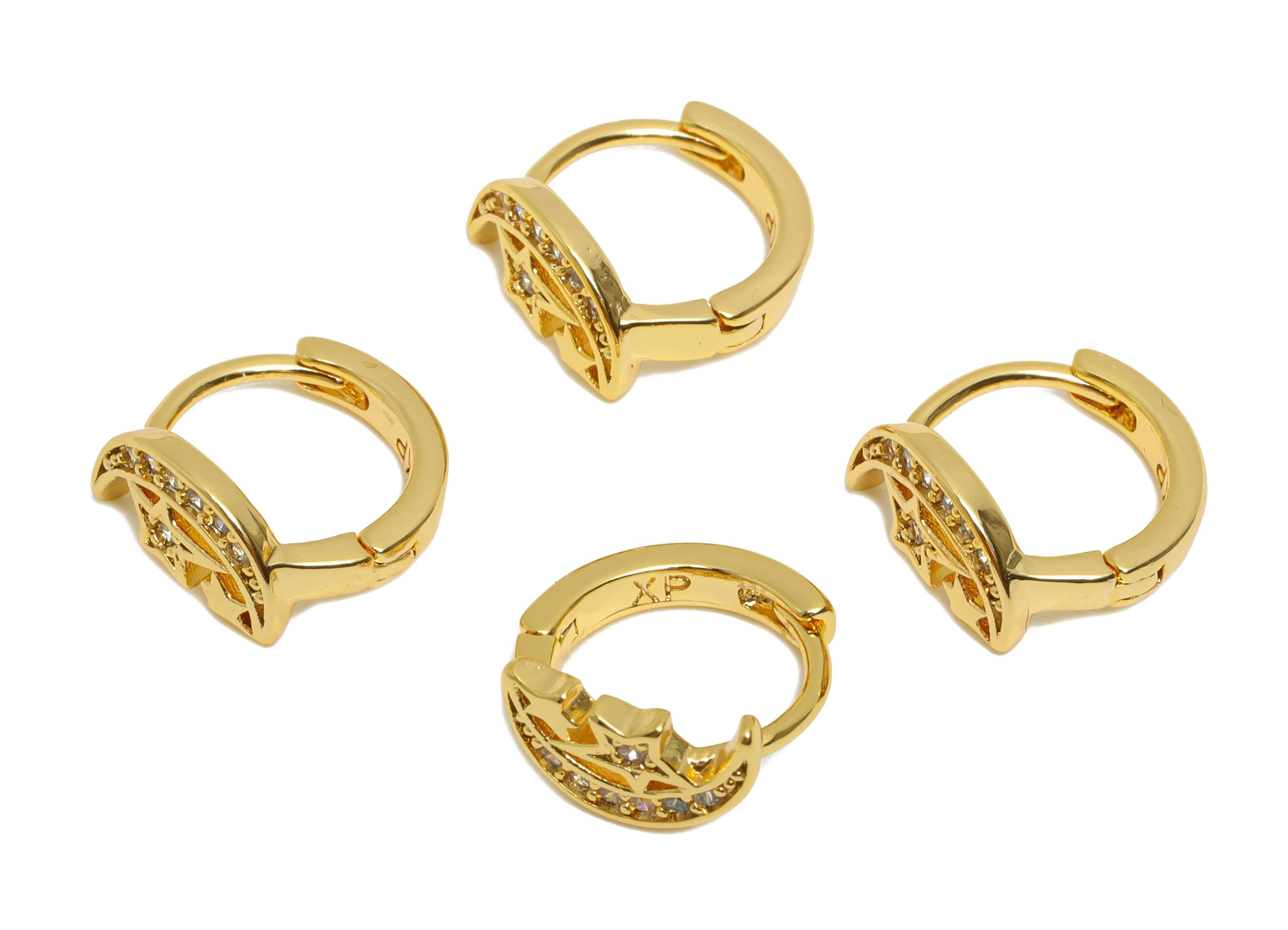 Brass CZ Huggie Hoop Earring - Brass Celestial Moon Star Earring - Zircon Huggie Hoop Clasp - 18K Real Gold Plated - 10.37x10x5mm - RGP10939 - DOMEDBAZAAR